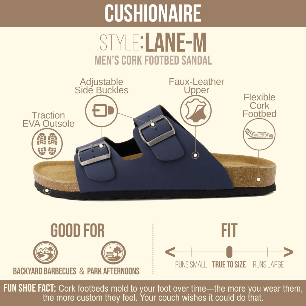 CUSHIONAIRE Lane Cork Footbed Mens Sandals, Adjustable Buckle Comfort Slides for Men, Genuine Leather Insole Summer Sandals Men Footwear, NAVY 8