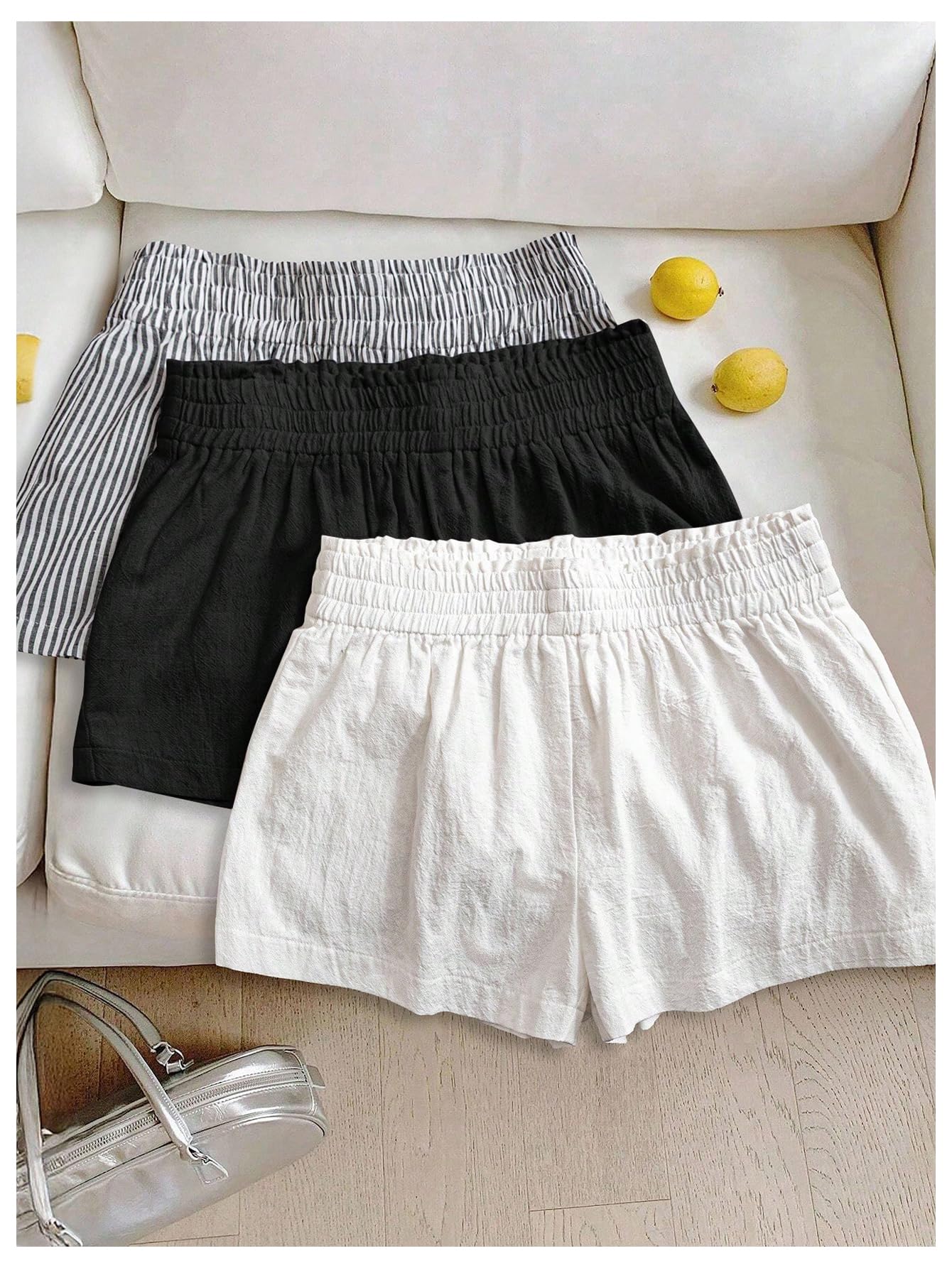 WDIRARA Women's 3 Pack Linen Shorts Elastic Waist Comfy Soft Lounge Shorts Black and White Large