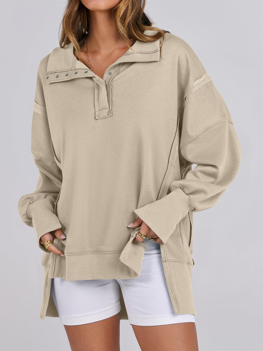 ANRABESS Sweatshirt for Women Oversized Henley Fall Outfits Apricot