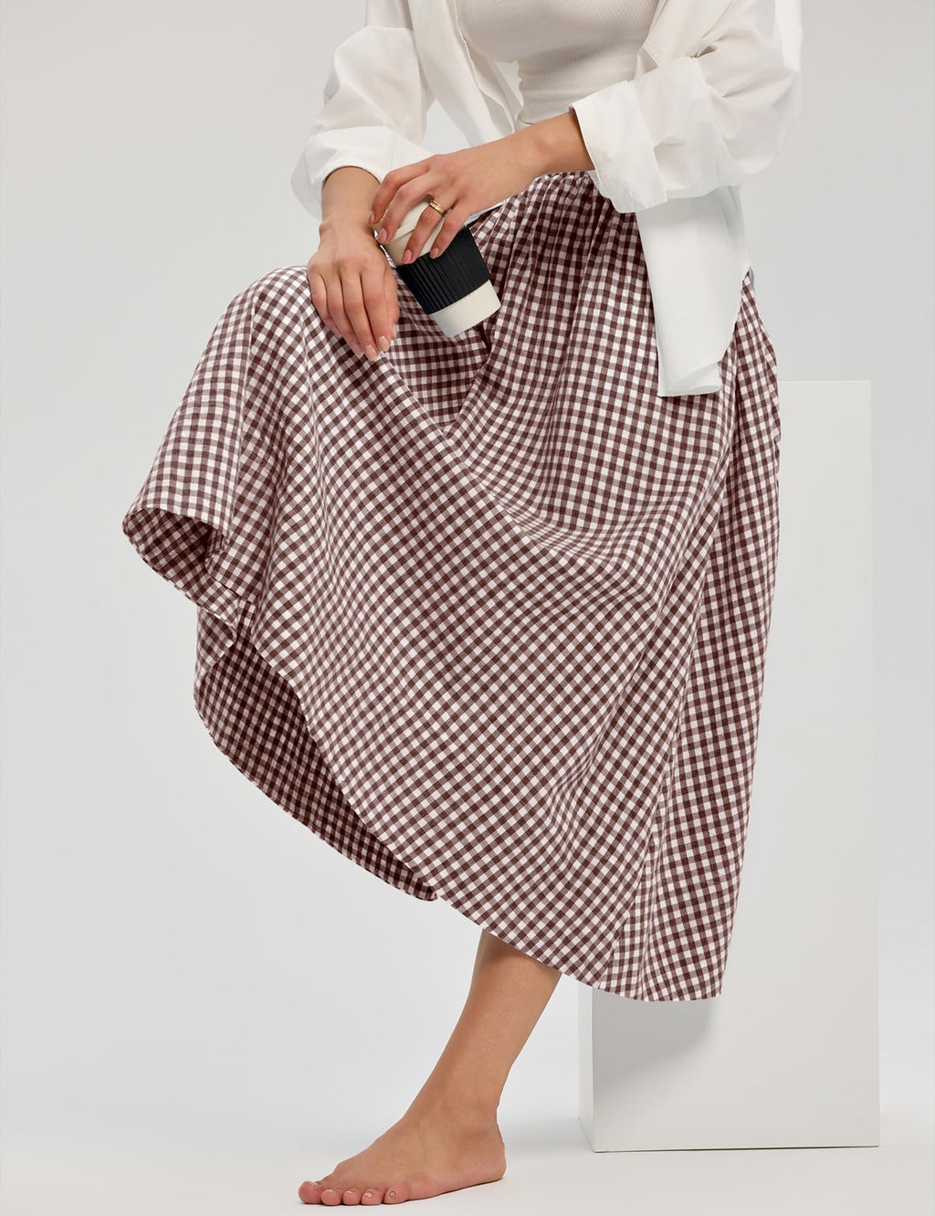 LOMON Midi Skirts for Women A-Line Cotton Flowy Summer Skirt with Pockets Elastic High Waist Boho Beach Vacation Casual Maxi Skirt (Coffee Plaid, M)