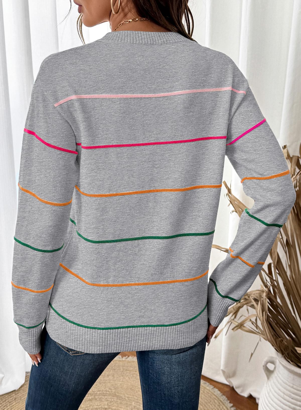 SHEWIN Womens Tops Dressy Casual Crew Neck Striped Sweater Women Lightweight Fall Tops for Women 2025 Long Sleeve Tops Womens Sweaters Grey Medium