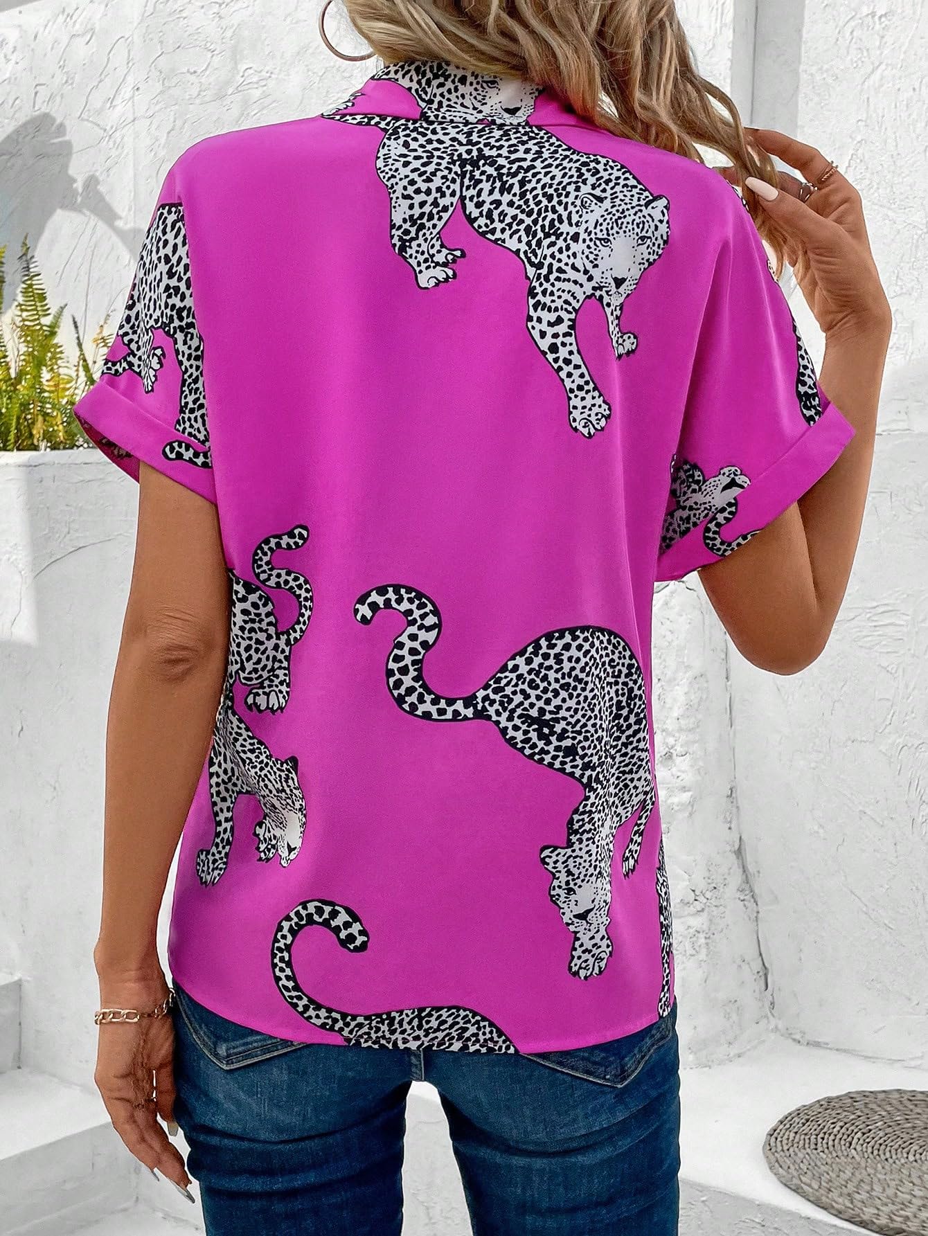WDIRARA Women's Leopard Print Button Down Blouse Short Sleeve Collared Casual Shirt Top Hot Pink Large