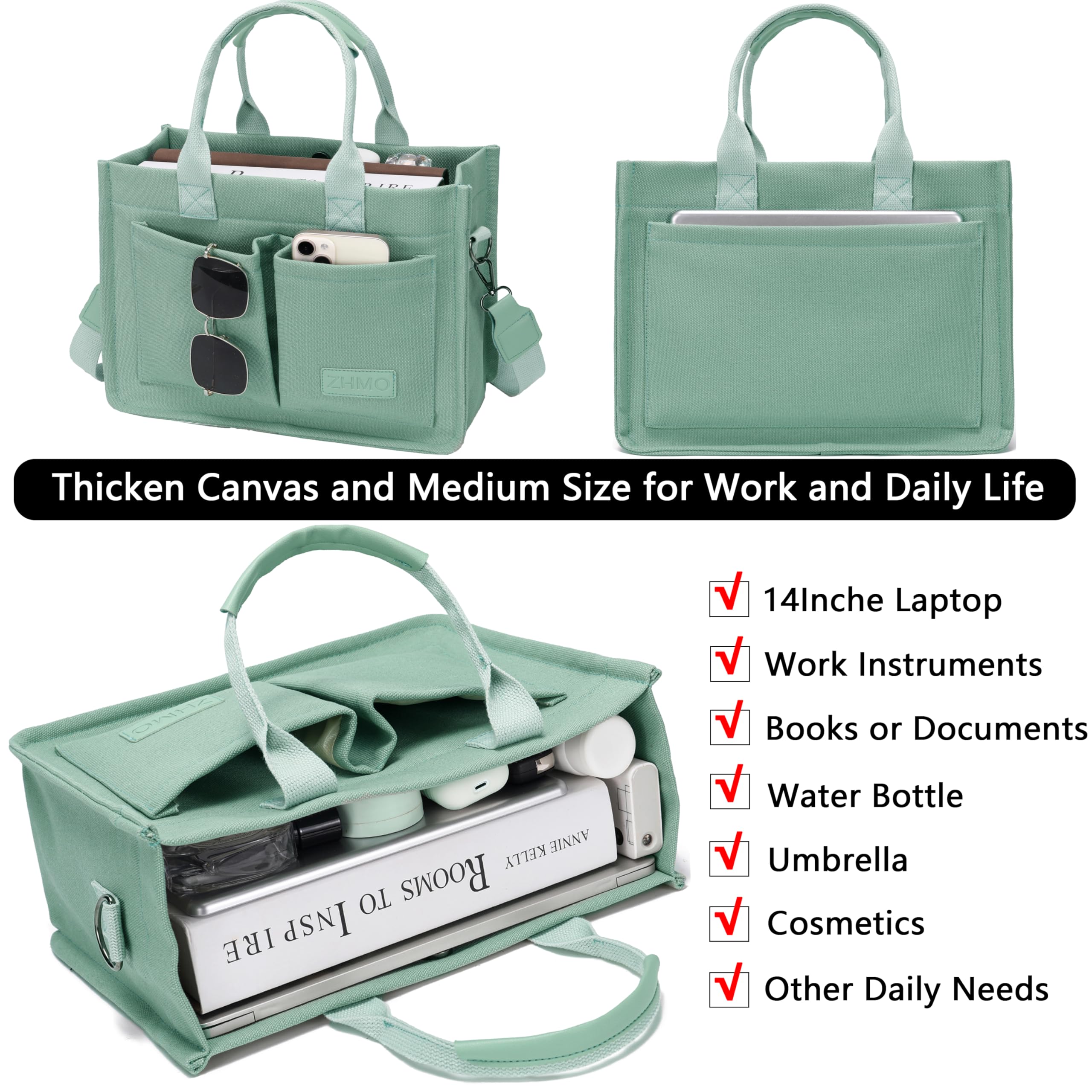 ZHMO Canvas Tote Bag for Women With Compartments and Pockets,Women's Bags Crossbody Bags Work Laptop Tote Bag Large Satchels Handbags Tote Purse Everyday Shoulder Bag for Travel Nurse Teacher Church