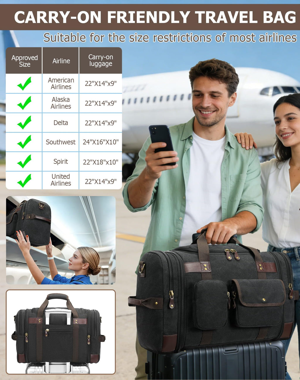 HNCTINNO Duffle Bag for Travel, 50L Carry On Duffle Bag for Airplanes, Canvas Overnight Weekender Bag for Men and Women