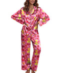 Ekouaer Pajamas For Women Set Silk Pjs 2 Piece Satin Sleepwear Long Sleeve Button Down Lounge Sets With Pant Rose Red Flower L