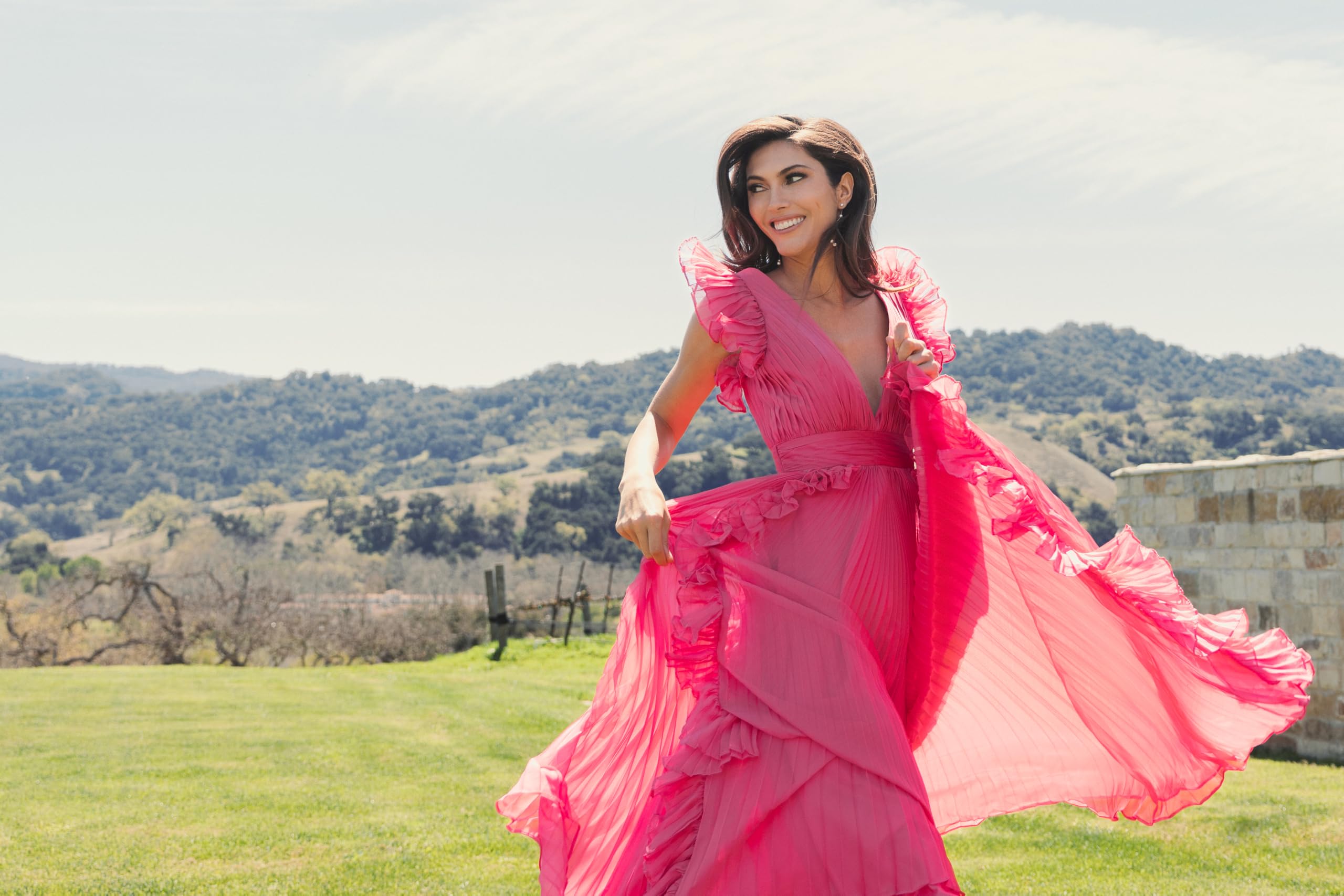 Mac Duggal Pleated Ruffle Cap Sleeve Flowy A Line Gown Fuchsia