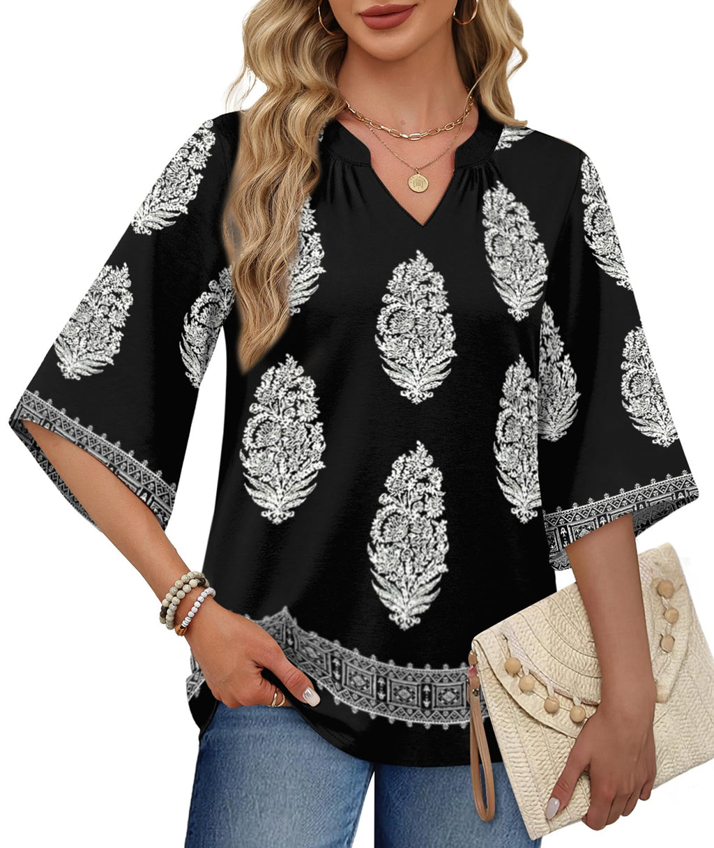 WIHOLL Summer Boho Tops for Womens Clothing Plus Size Beach Vacation Cover Ups Clothes 3/4 Length Sleeve 2026 Spring Maternity Cruise Vacation Outfits Trendy Fashion Clothing Multi Black XL