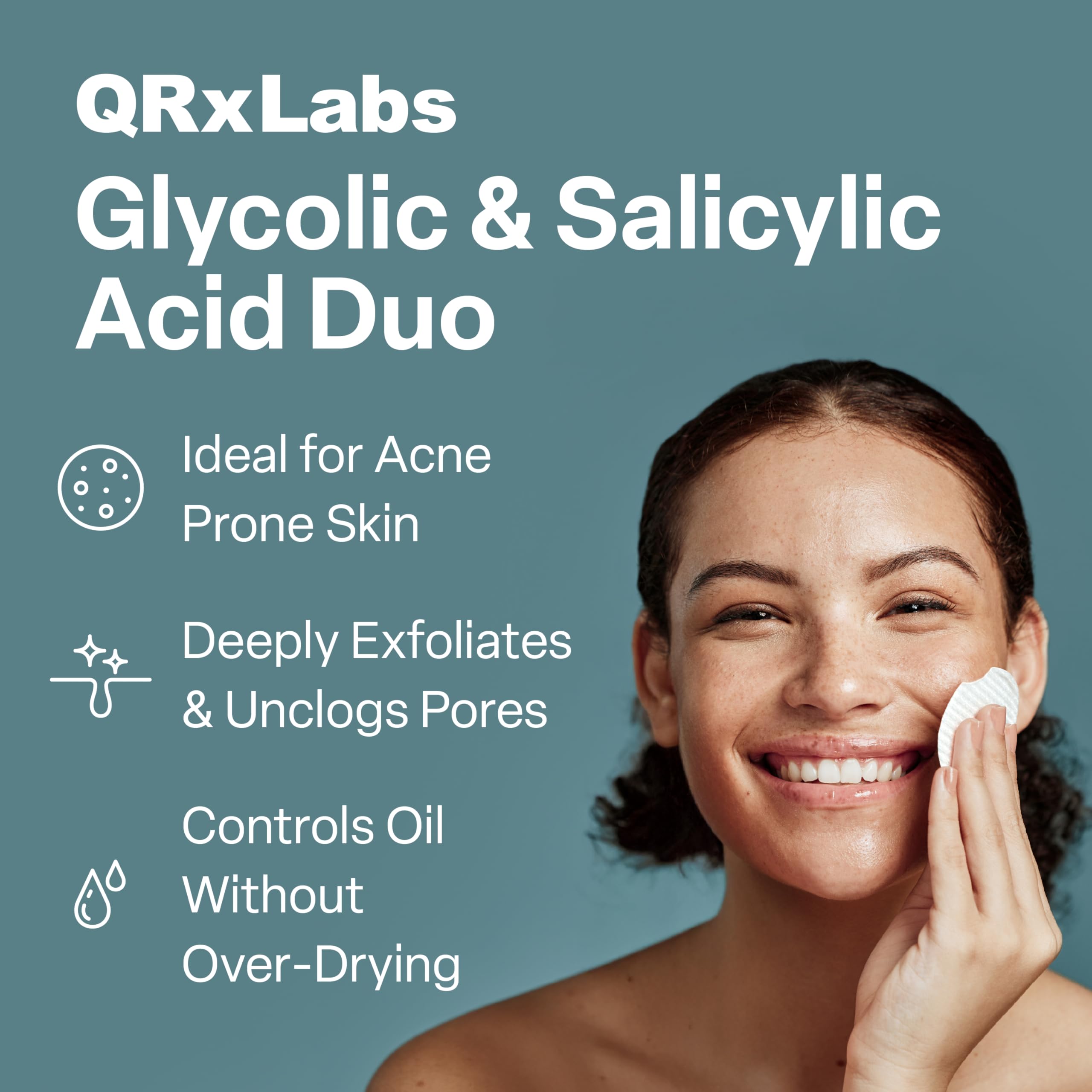 QRxLabs Salicylic & Glycolic Acid Acne Clearing Pads - 2% Salicylic & 10% Glycolic Acid - Exfoliating Pads for Acne, Bacne, Butt Acne, Body Acne - Daily Pads - 50ct