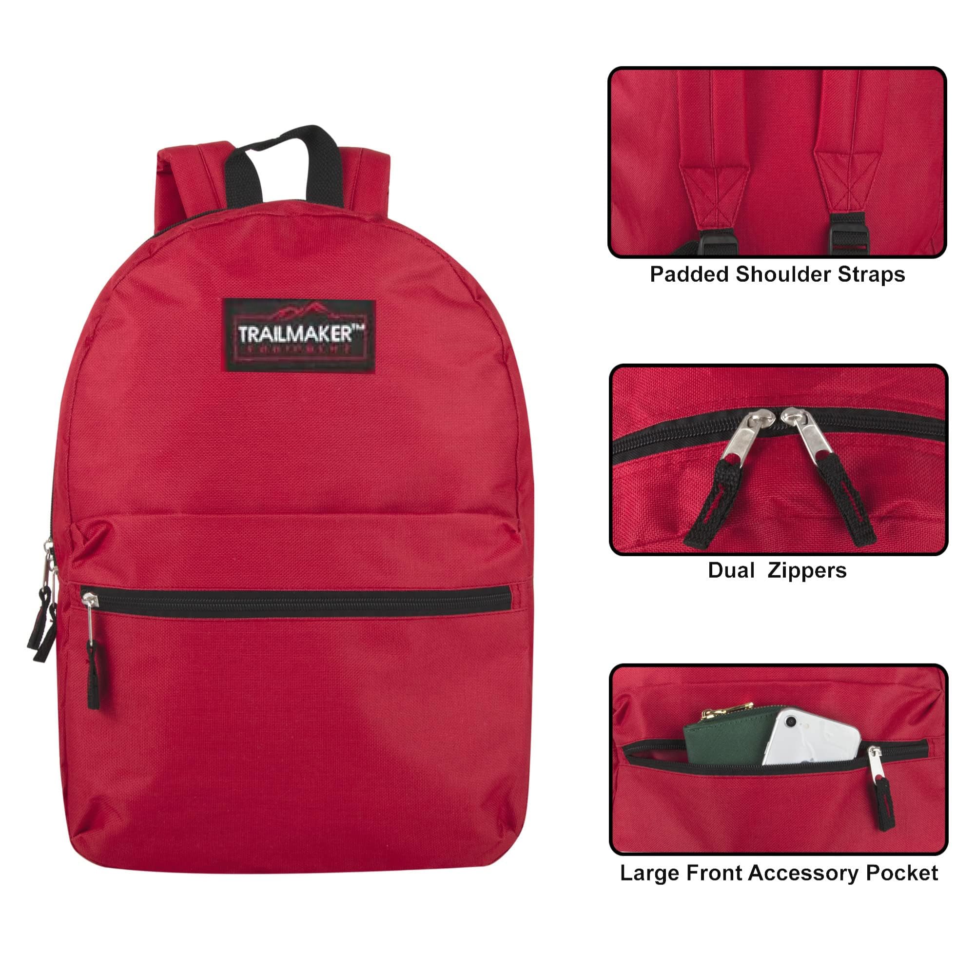 Trail maker 24 Pack- Classic 17 Inch Backpacks in Bulk Wholesale Back Packs for Boys and Girls (Assorted 12 Colors Pack)