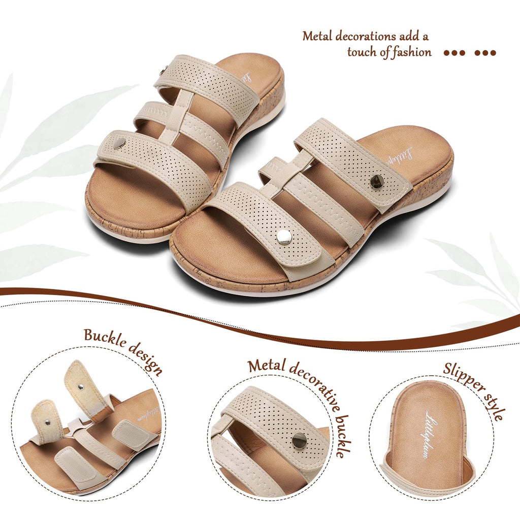 Littleplum Women Slides Sandals Arch Support Open Toe Walking Comfy Low Wedge Slides Adjustable Summer Shoes for Beach,Travel Apricot Size 9