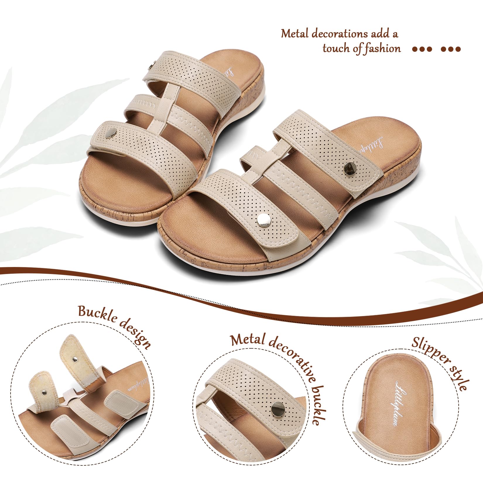 Littleplum Women Slides Sandals Arch Support Open Toe Walking Comfy Low Wedge Slides Adjustable Summer Shoes for Beach,Travel Apricot Size 9