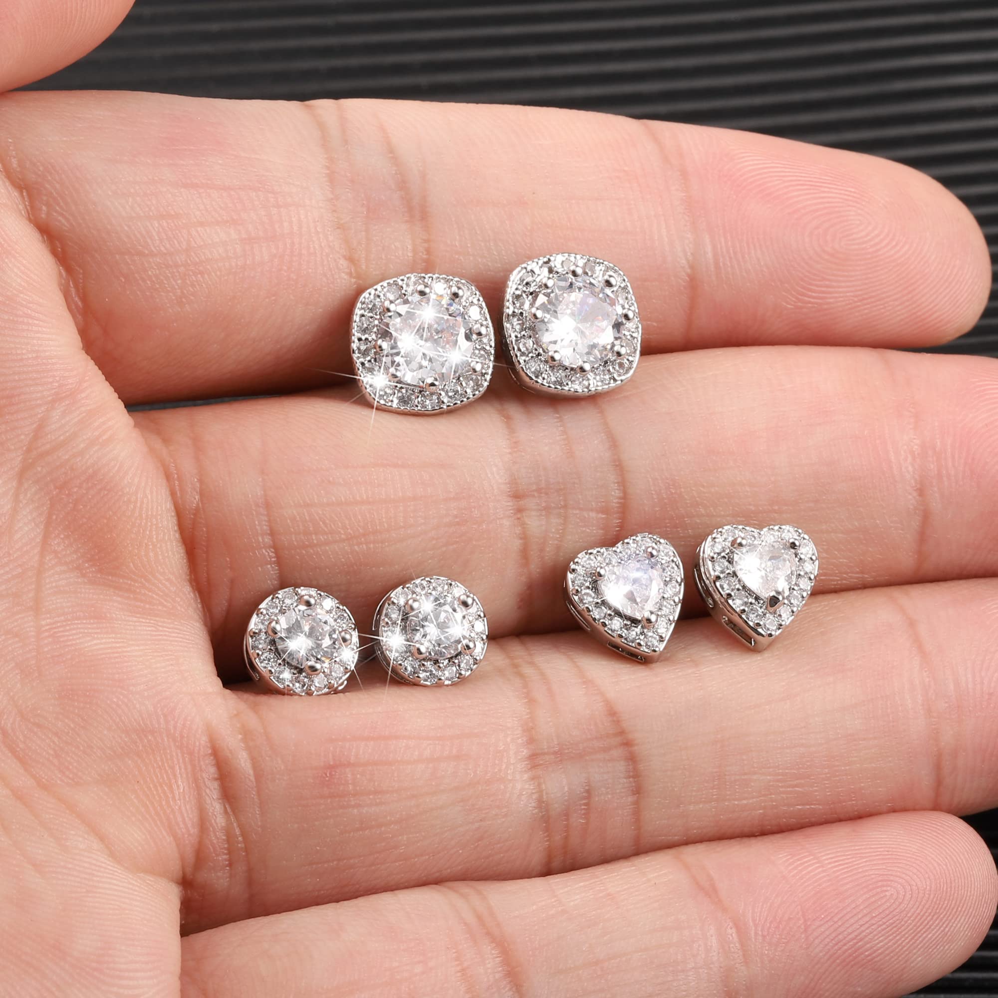ALEXCRAFT Sterling Silver Halo Stud Earrings for Women Cubic Zirconia Round Heart Square Diamond Large Silver Studs Set Earring for Men 3 Pairs