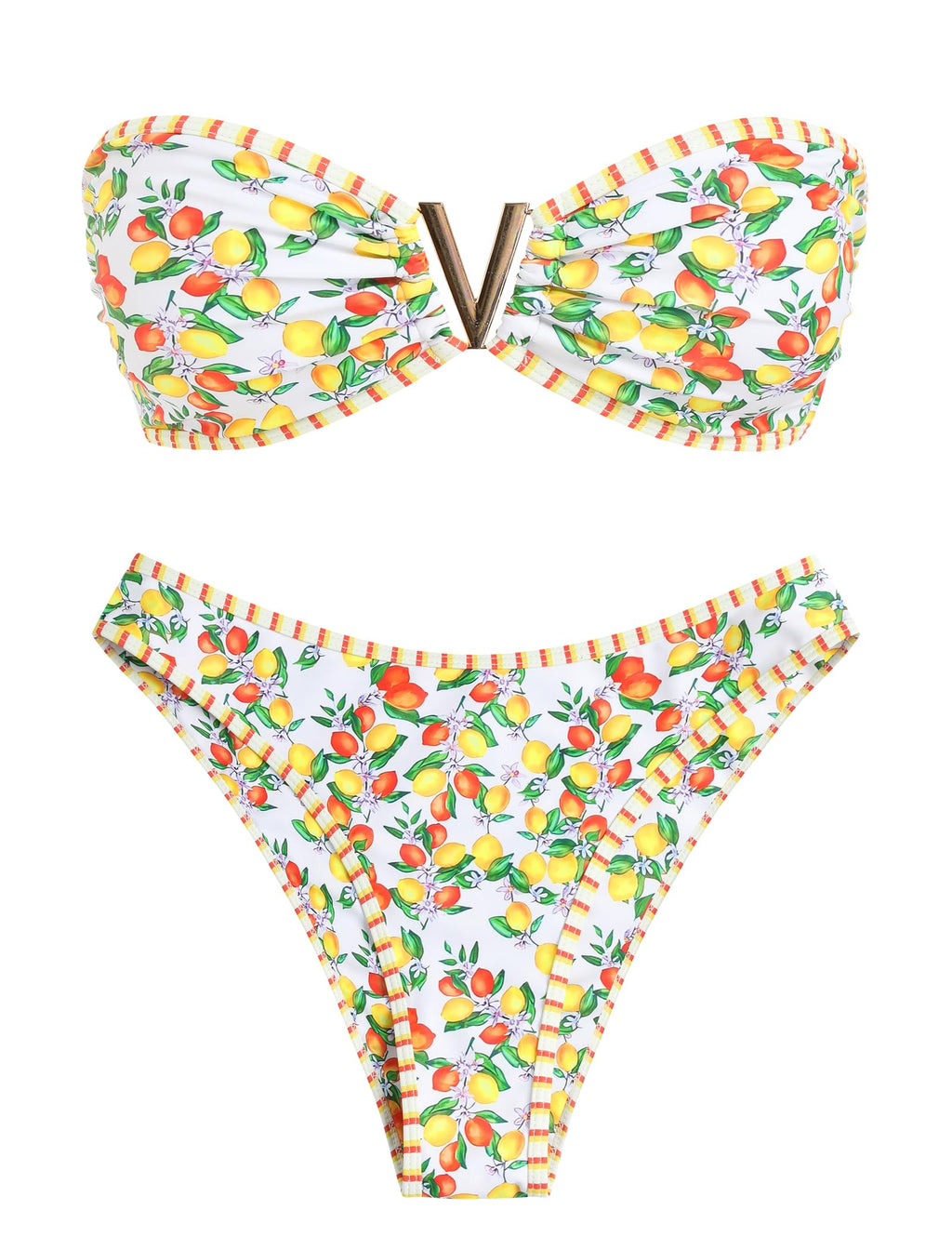 ZAFUL Women's Bandeau Bikini V Strapless Confetti Colorblock Tie Back High Cut Two Piece Swimsuit Bathing Suits (3-Fruit Print, M)