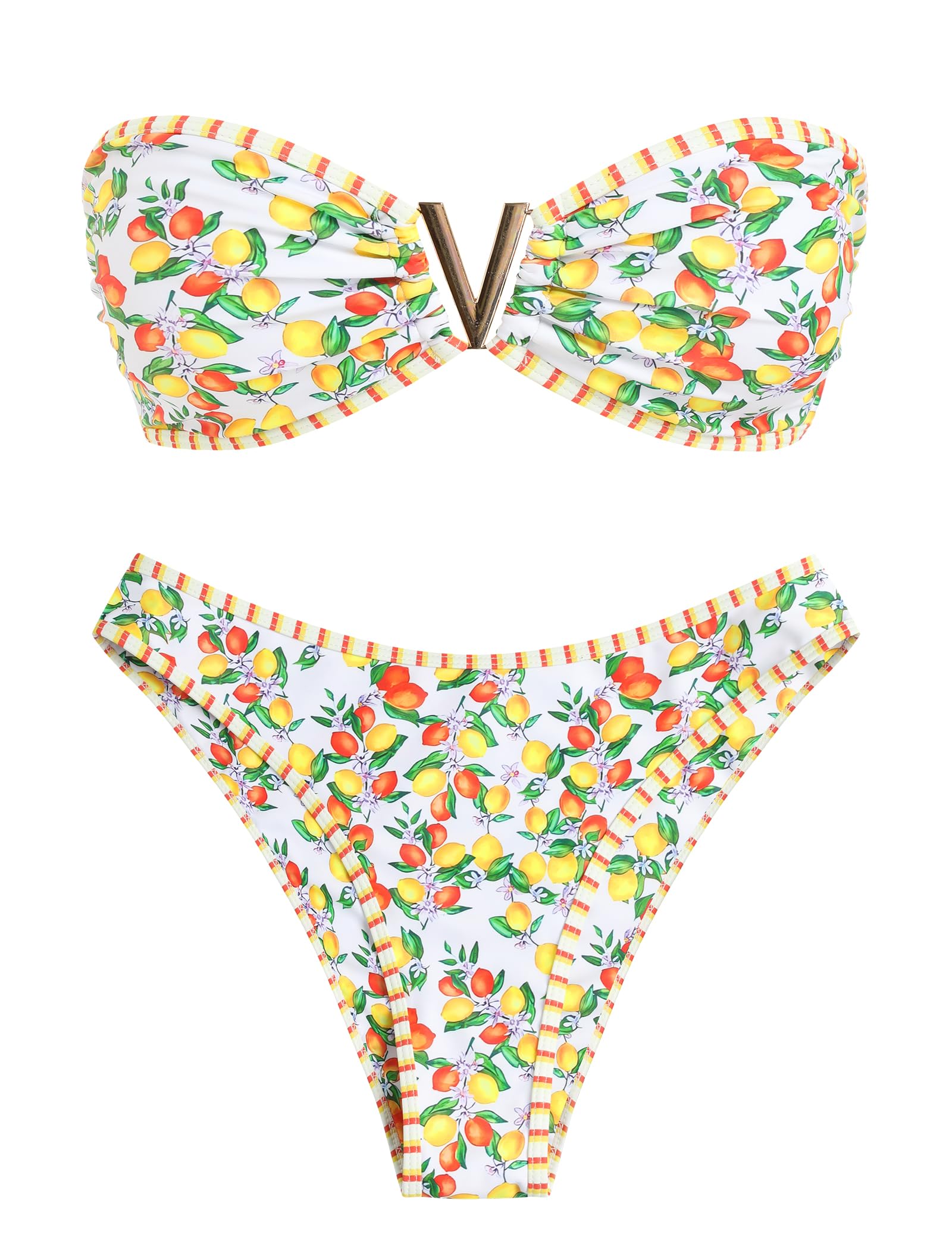 ZAFUL Women's Bandeau Bikini V Strapless Confetti Colorblock Tie Back High Cut Two Piece Swimsuit Bathing Suits (3-Fruit Print, M)