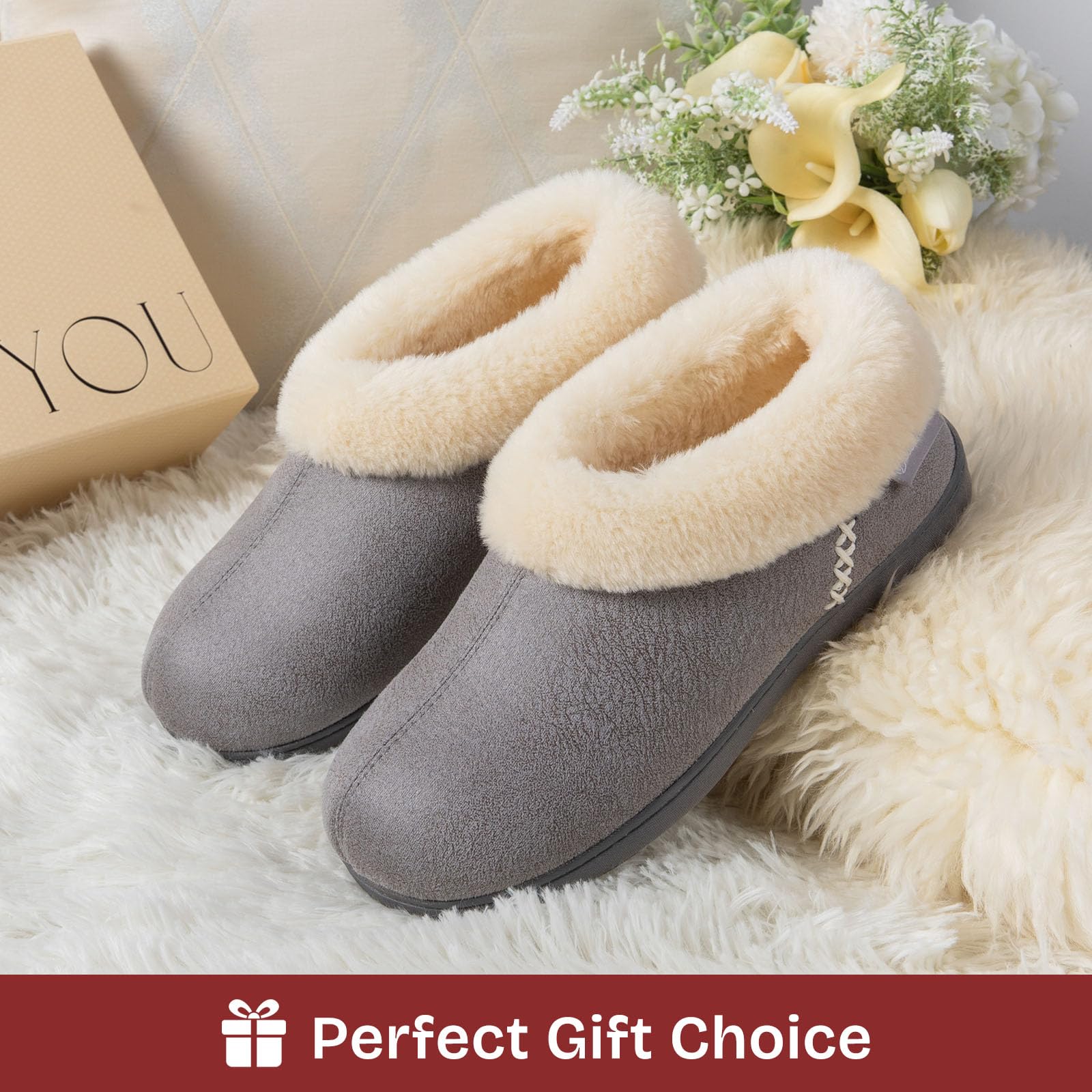 EverFoams Women's Microsuede Cozy Memory Foam Winter Slippers with Fuzzy Faux Fur Collar and Indoor Outdoor Rubber Sole (Gray, Size 9-10 M US)