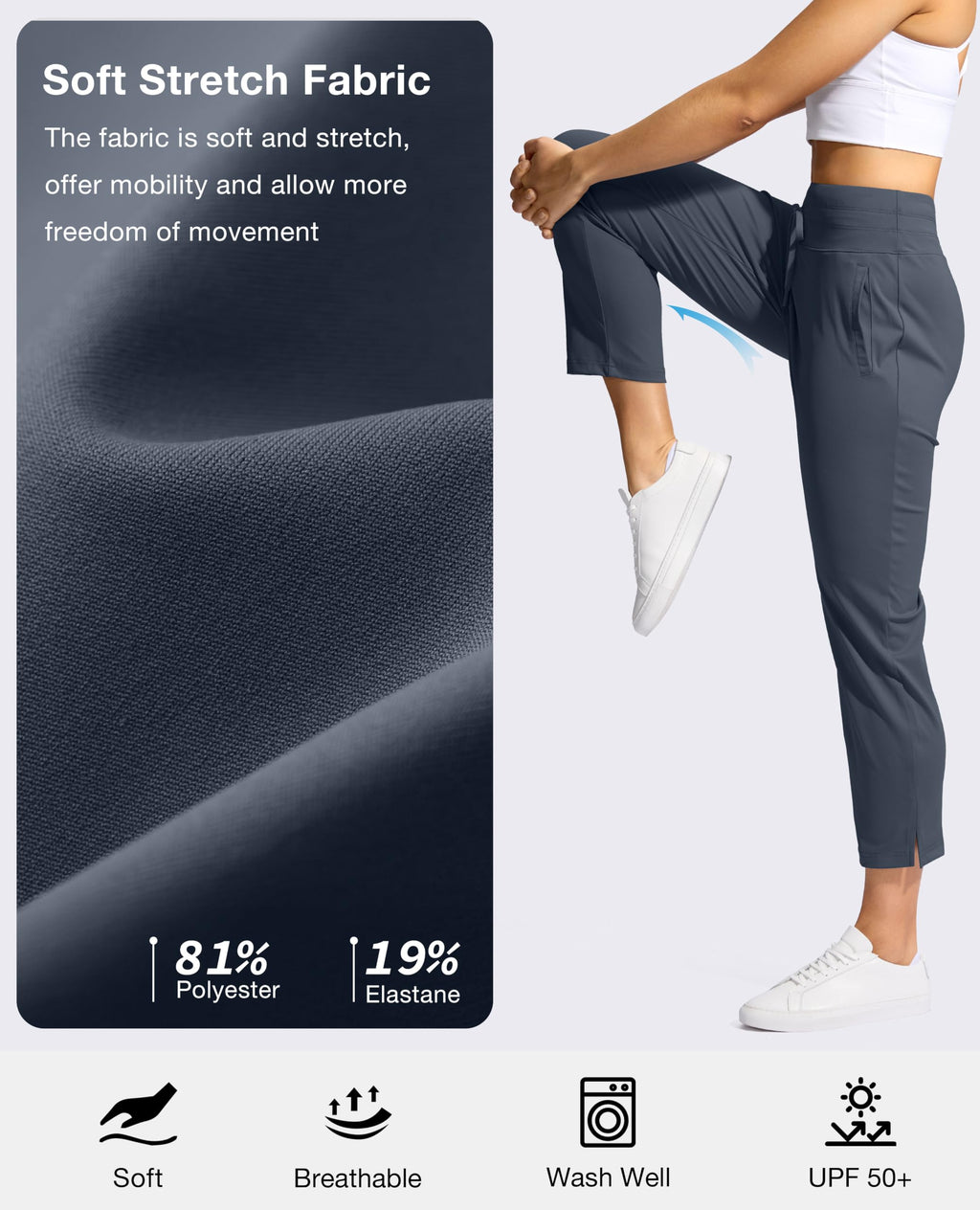 YYV Women's Pants with 3 Pockets High Waisted Golf Athletic Pants 7/8 Stretch Ankle Pants for Women Workout Travel Casual(Dusty Blue Large)
