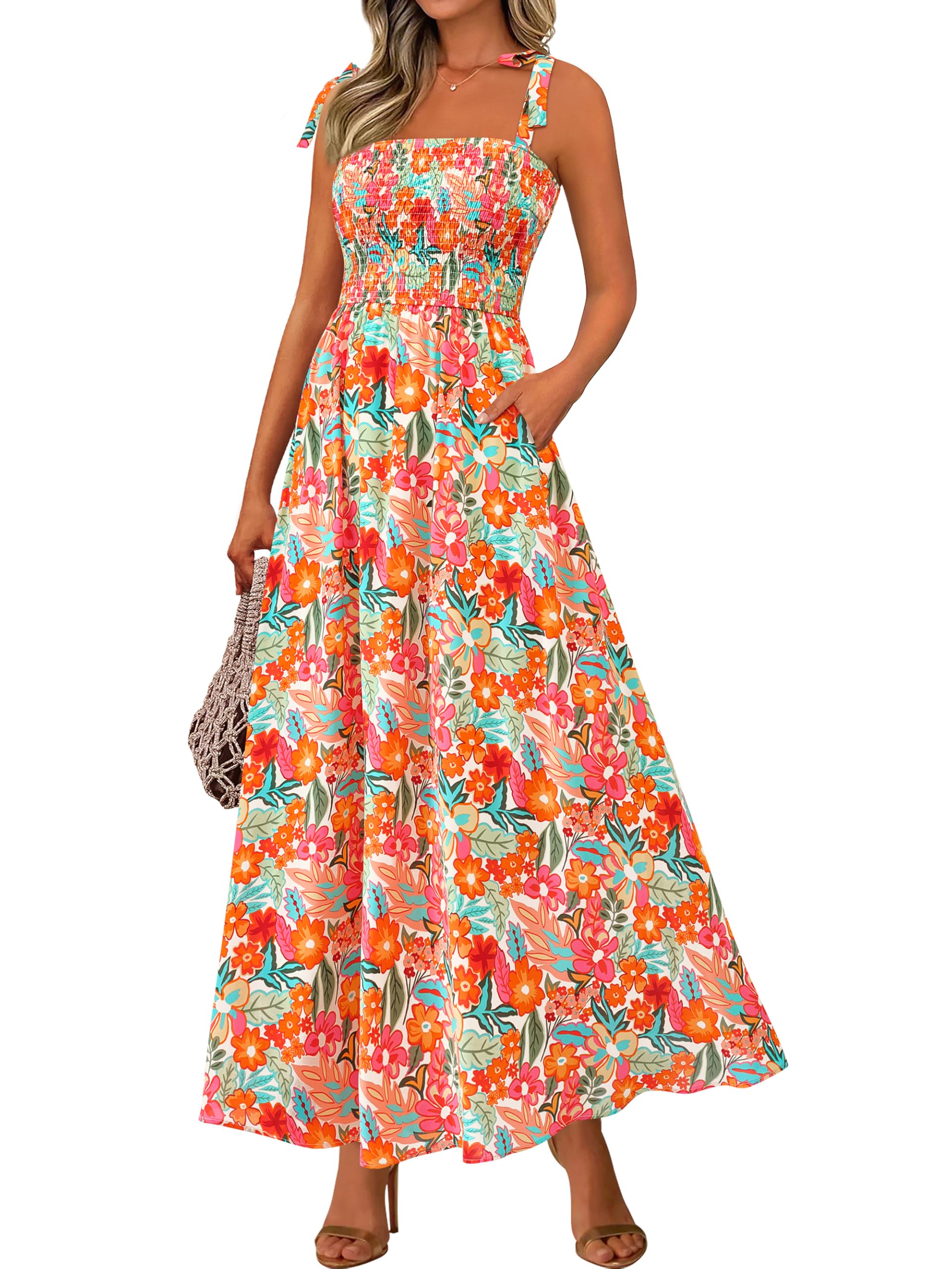 PRETTYGARDEN Womens Summer Dresses Floral Sleeveless Smocked Maxi Dress Boho Spaghetti Strap A Line Flowy Beach Long Sundress(Light Apricot Orange Flower,X-Large)