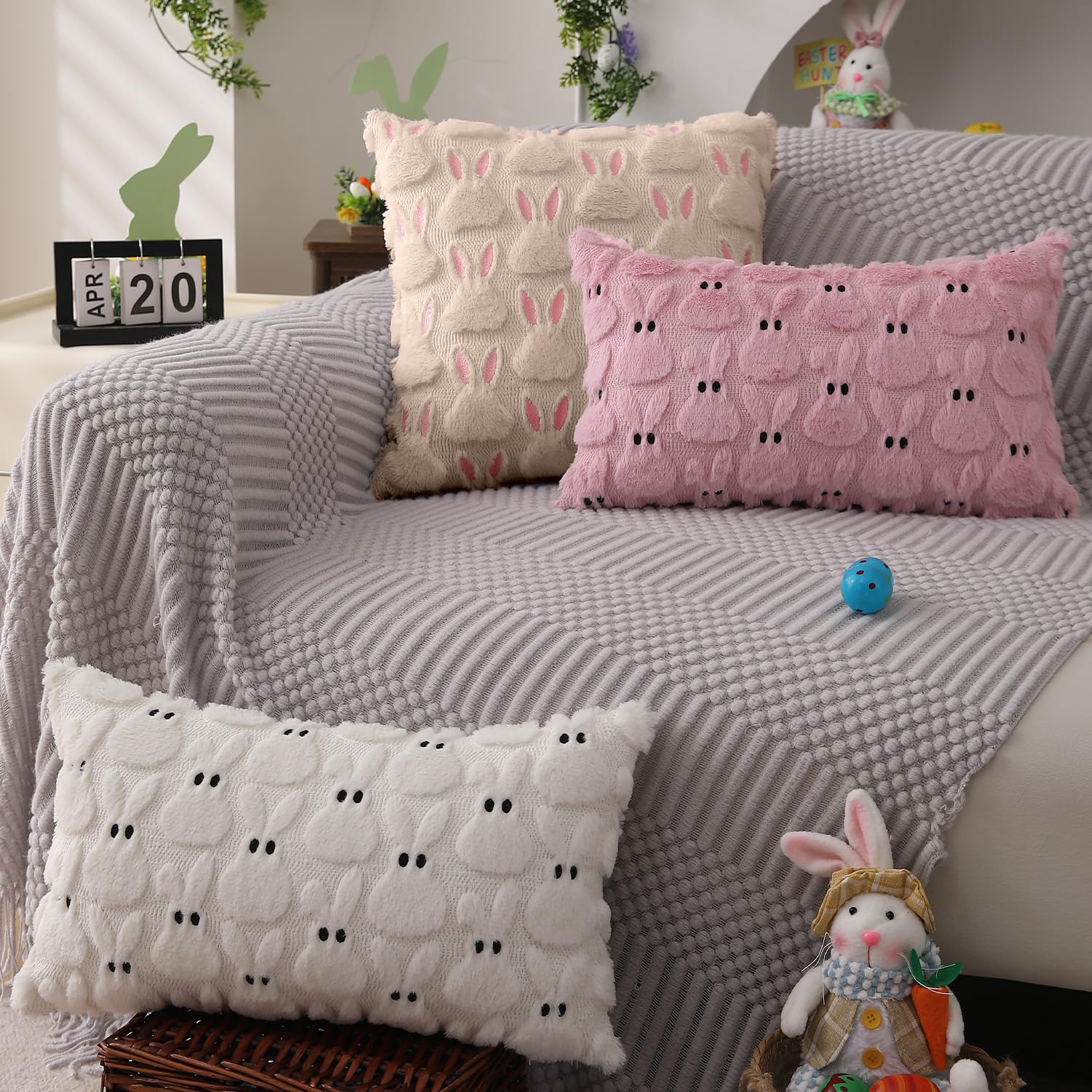 DFXSZ Easter Pillow Covers 16x16 inch Set of 2 Easter Decorations Pink Ears Beige Rabbit Soft Plush Faux Fur Jacquard Throw Pillows for Bedroom Sofa Holiday Festivals Home Decor FHJ-17C16