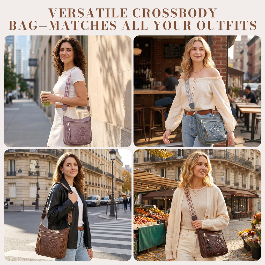 FORUWISH Crossbody Bags for Women, Vegan Leather coffee Crossbody Purse, Multiple Pocket Everyday Travel Shoulder Bag with Boho Strap