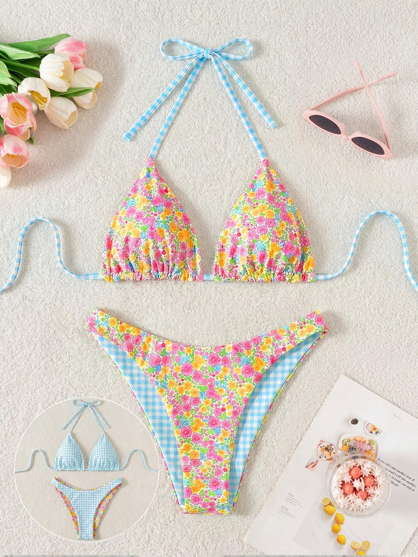WDIRARA Women's 2 Piece Floral Striped Bikini Set Halter String Thong Swimsuit High Cut Bathing Suit Orange Blue Small