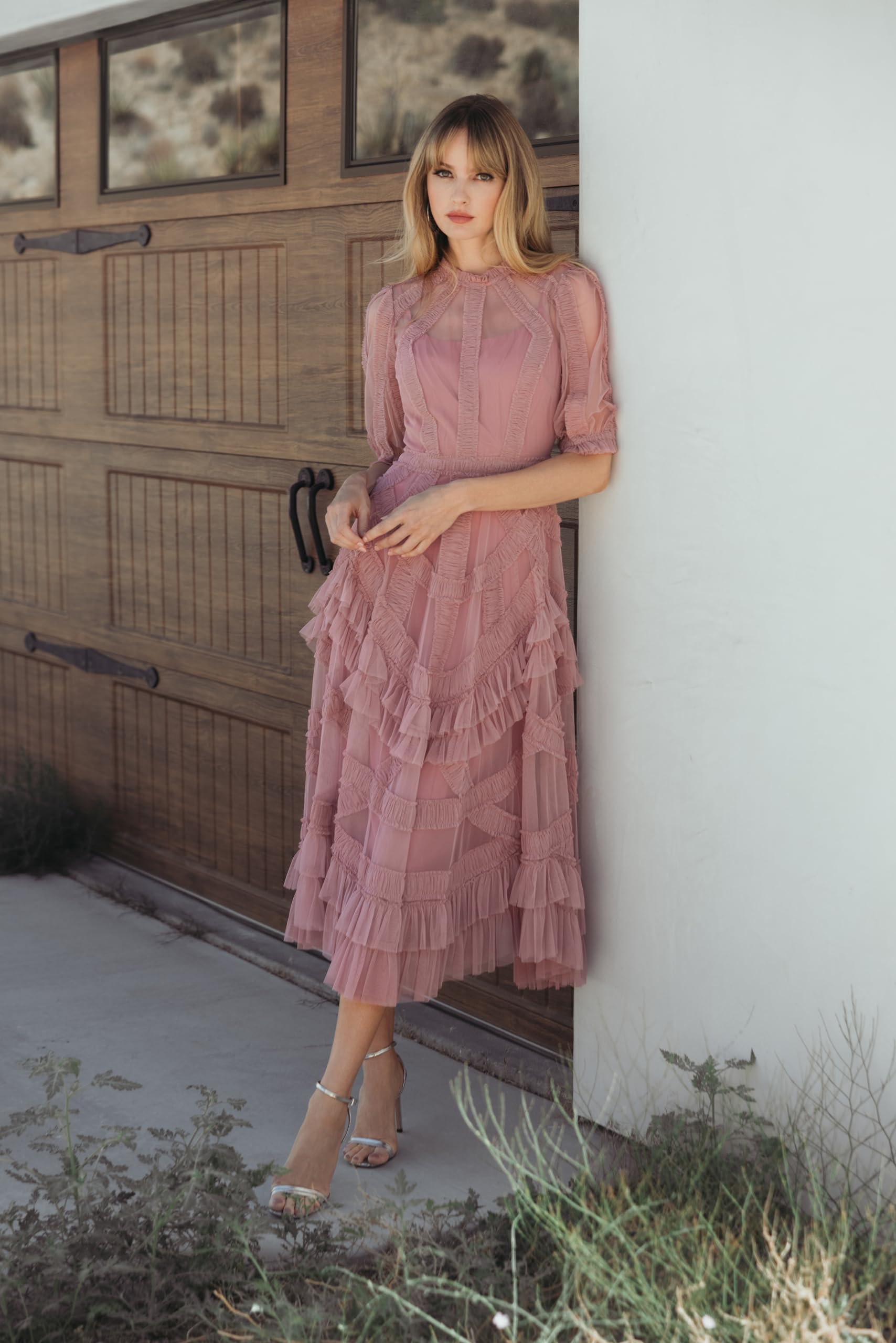 Tiered Midi Dress with High Neck and Micro Ruffle by Mac Duggal