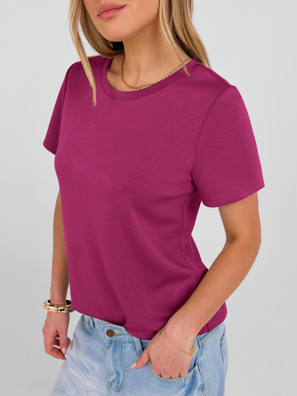 ANRABESS Women Short Sleeve Tops Summer Basic Tee Wrinkle-Free Trendy Cute T Shirts 2026 Spring Business Casual Outfits Hot Pink Large