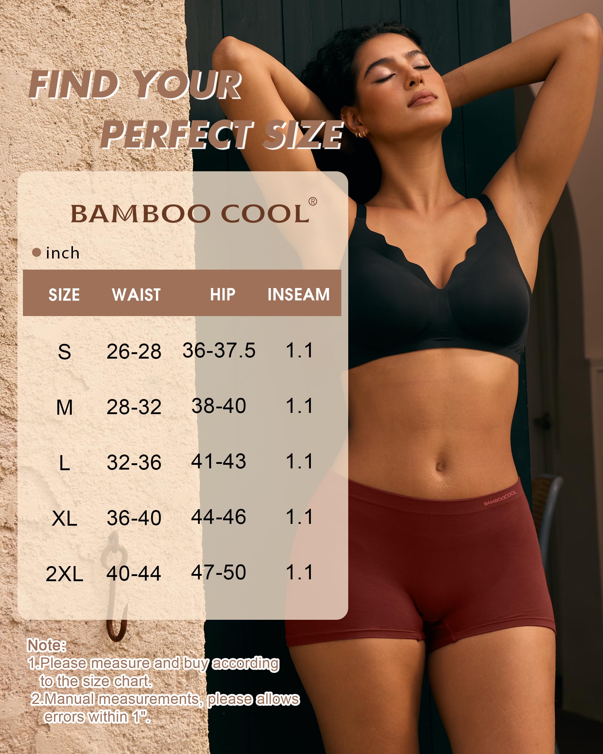 BAMBOO COOL Seamless Boyshort Underwear for Women Mid Waist Stretchy Panties Moisture Wicking Boxer Briefs 5 Pack