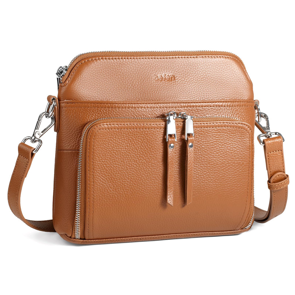 befen Genuine Leather Small Crossbody Purses for Women Shoulder Bags Cross Body Purse with Built in RFID Wallet Cognac Brown