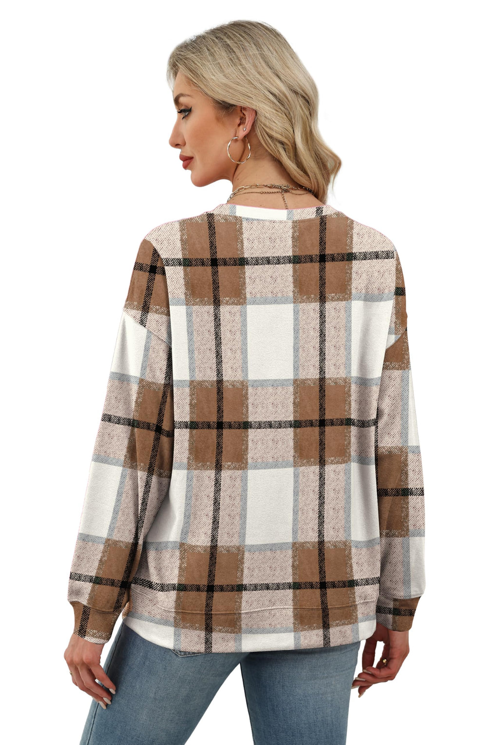 RUMIA Sweatshirt for Women Fall Fashion Clothes Crewneck Fall Outfits Tops for Women 2025 Ladies Pullover Long Sleeve T Shirts Trendy Beige Plaid L