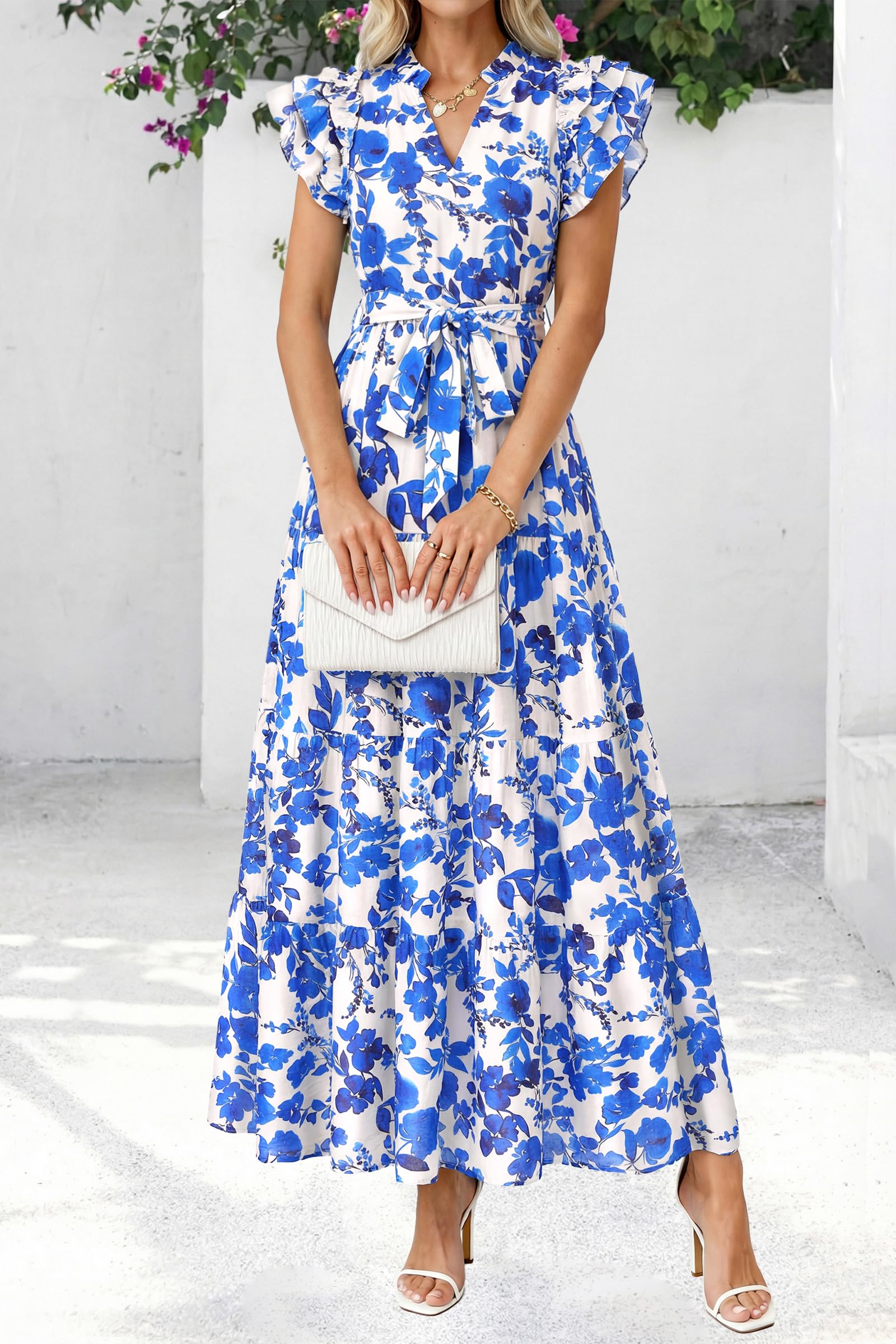 dowerme Women Summer Maxi Dresses 2026 Ruffle Sleeve V Neck Floral Boho Long Dress Belted Tiered Sundress with Pockets(White Blue Flower,Medium)