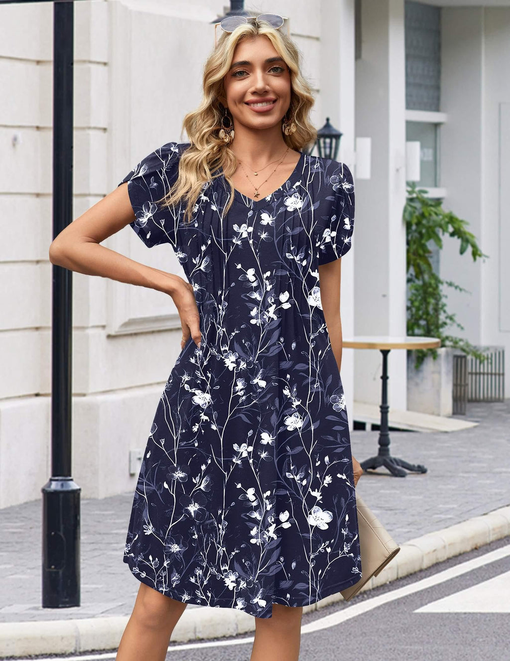 Zeagoo Summer Dresses for Women Flowy Spring Dresses 2026 Casual Floral Dress Pleated A Line Dress Boho Sundress, Navy Floral 03