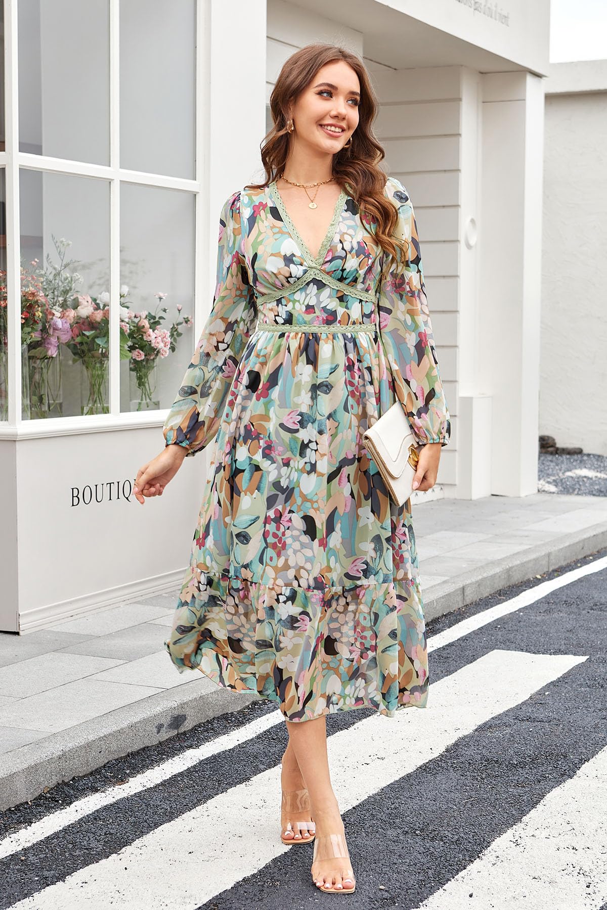 Women's Spring Wrap Maxi Dress Floral V Neck Long Sleeve Wedding Guest Party Casual Chiffon Dress Green L