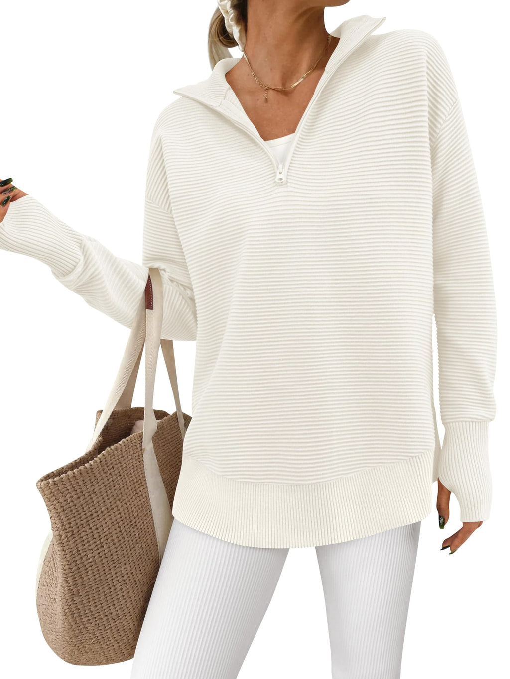 PRETTYGARDEN Womens Long Sleeve Quarter Zip Pullover Sweater Casual Loose V Neck Collared Ribbed Knit Jumper Tops Thumb Hole(White,Medium)