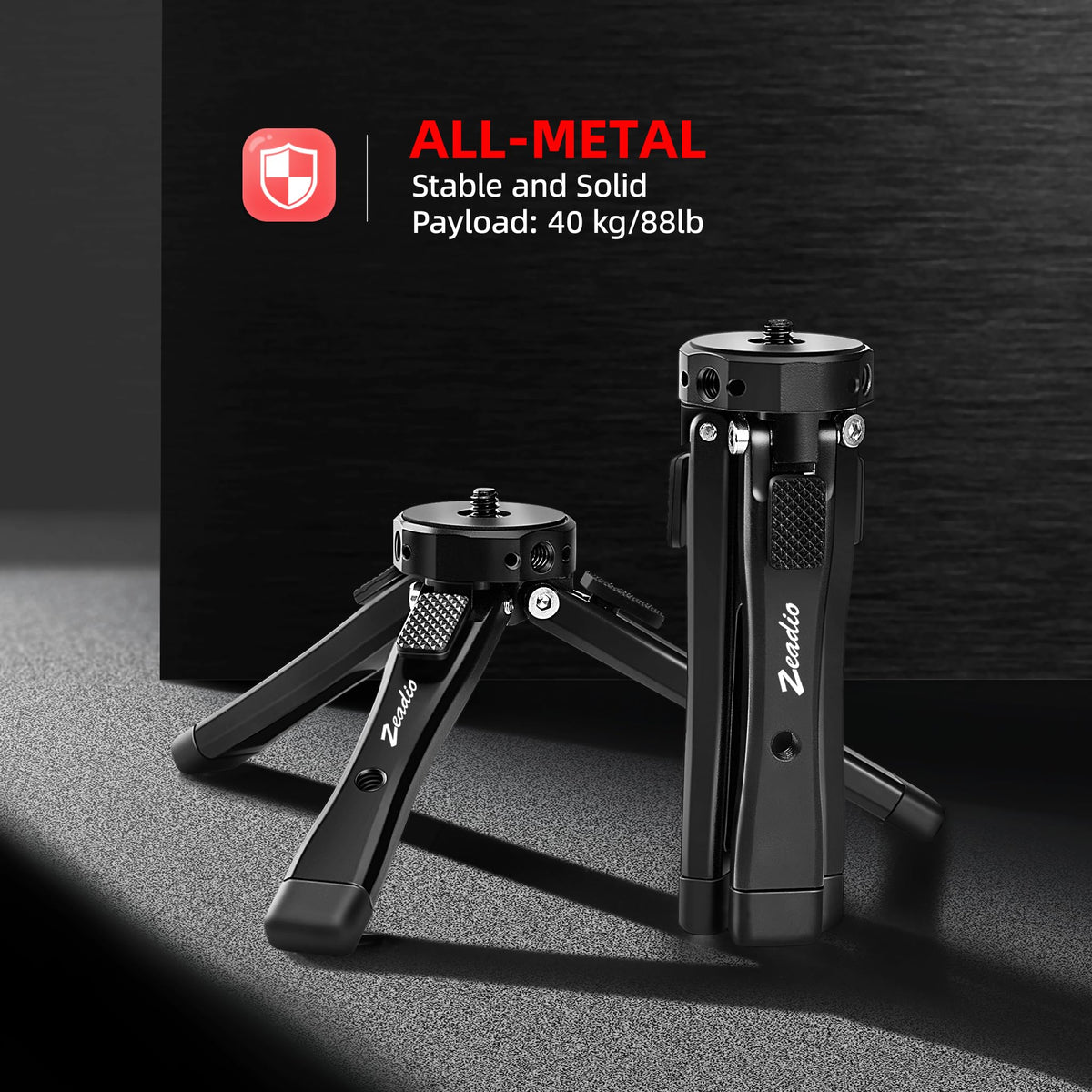Zeadio Heavy Duty Camera Tripod, 88lbs/40kg Load All-Metal Tabletop Stand with Adjustable Height & ARRI 1/4" Threaded Holes, Universal Tripod Base for Gimbal, Monopod, DSLR Camera, Vlogging & Filming