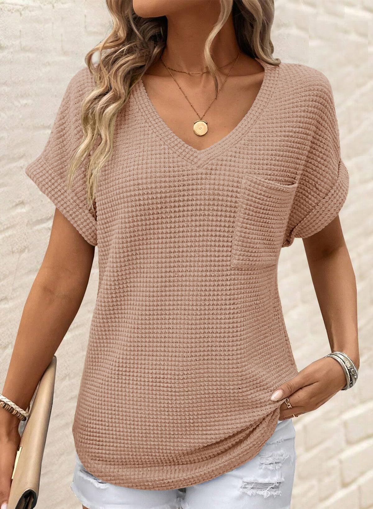 Dokotoo Summer Tops for Women Blouses 2026 Spring Trendy Fashion Fall Ladies Womens Dressy Casual Tops Women's Clothing Waffle Knit Clothes Short Sleeve Cruise Outfits Plus Size Basic T Shirts