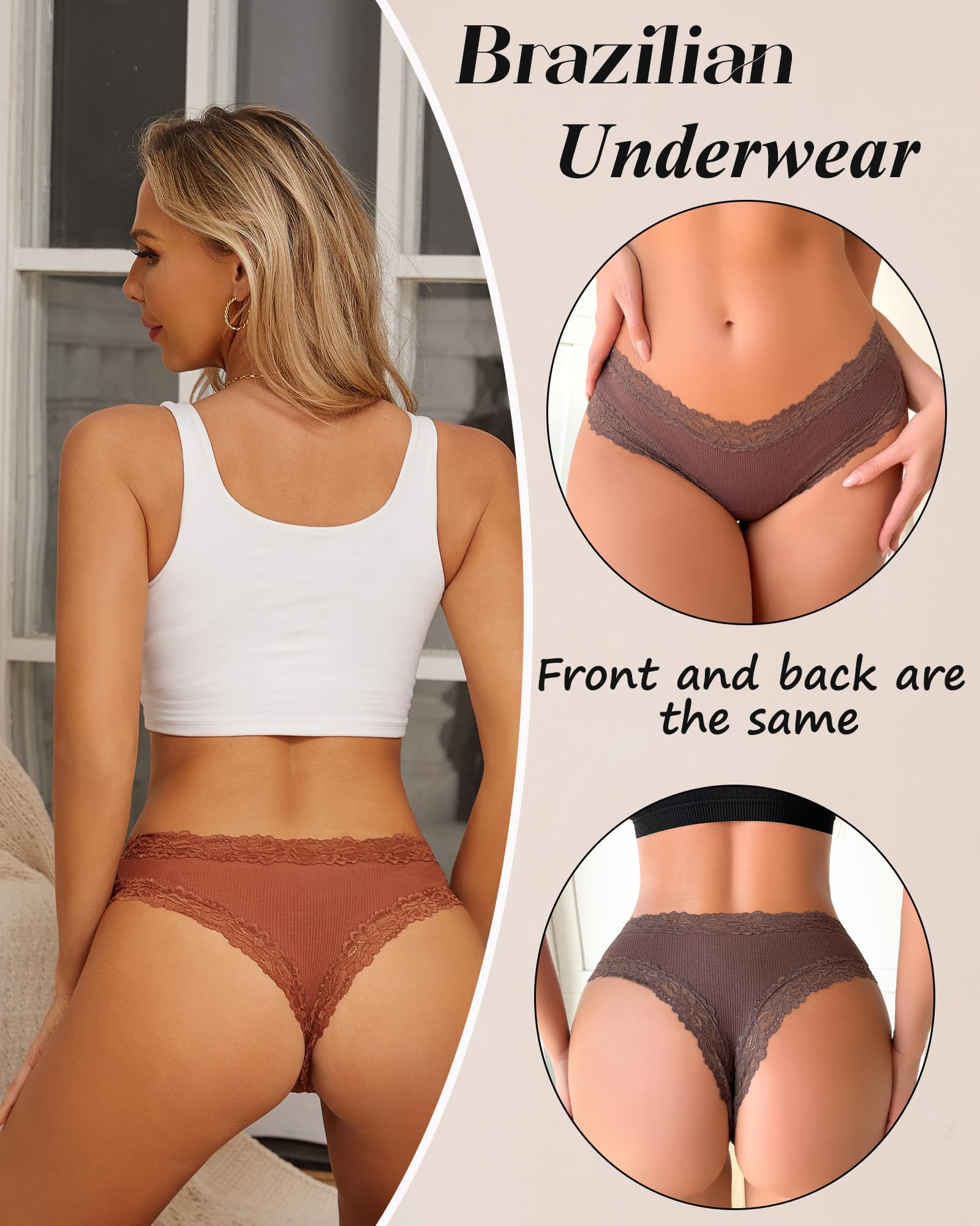 Sth Big Womens Cotton Underwear Sexy Lace Brazilian Panties Soft Breathable Cotton Cheeky Underwear for Ladies 6 Pack (6A, Large)