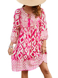 Qearal Summer Dresses for Women Boho Floral Print Dress 3/4 Sleeve Beach Cover Ups Hot Pink XL