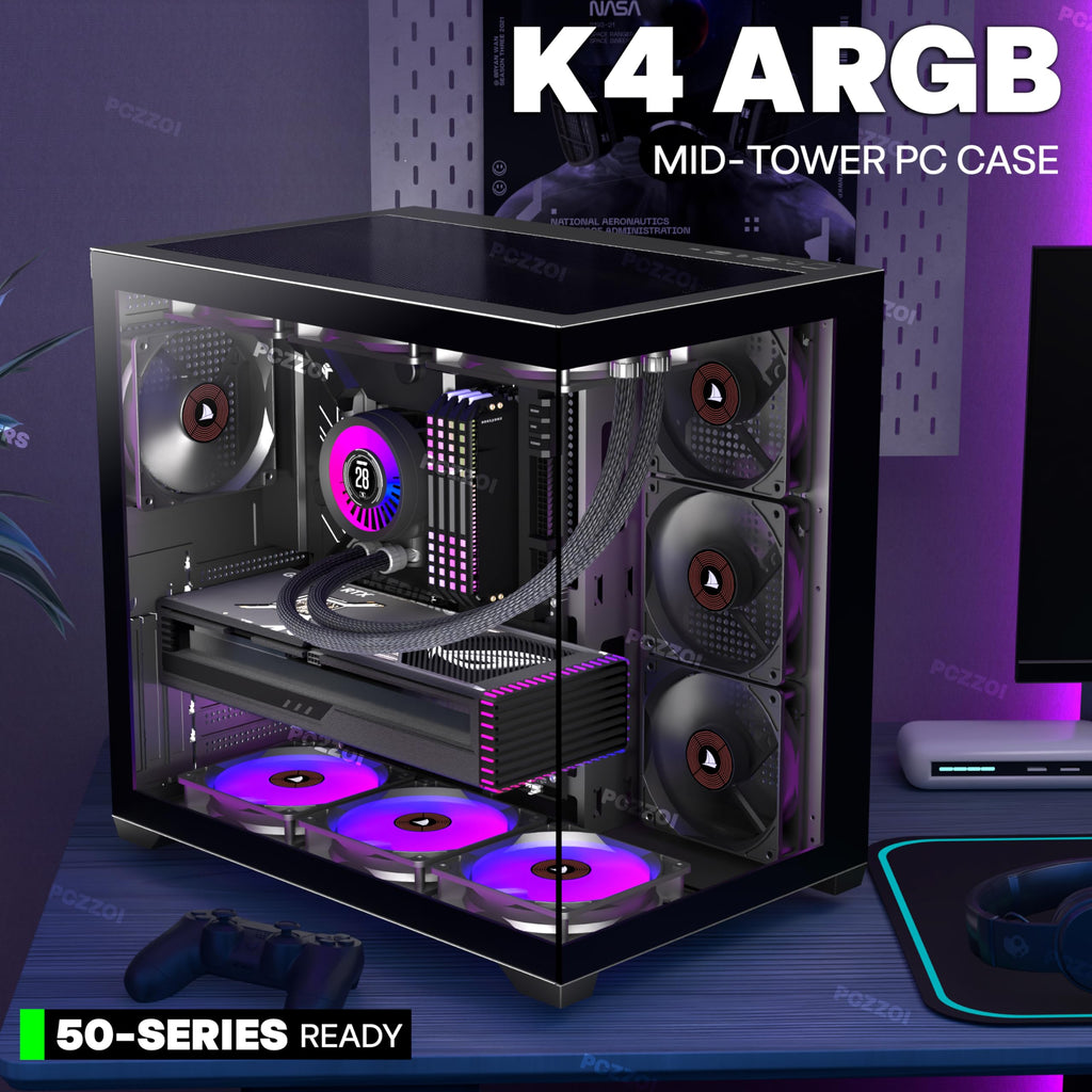 KEDIERS PC CASE ATX 4 Fans Pre-Installed, Type-C Mid Tower Computer Case with Full-View Dual Tempered Glass, Gaming PC Case,Black,K4
