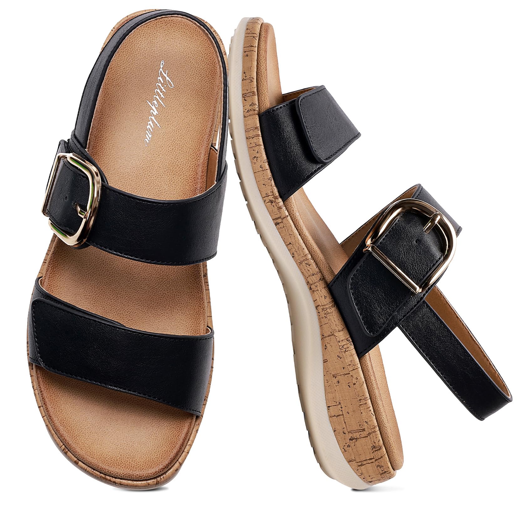 Littleplum Sandals for Women Arch Support – Comfortable Flat Womens Sandals, Summer Breathable Adjustable Orthotic Walking Shoes for Beach,Travel Black Size 6