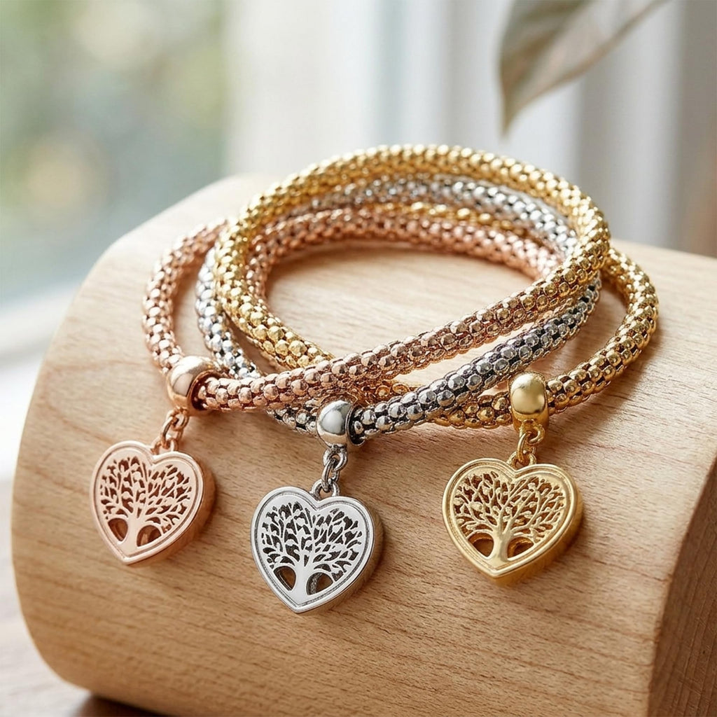 Aphrodite's Tree of Life Heart Edition Charm Bracelet with Austrian Crystals – Gold, Silver & Rose Gold Plated Popcorn Chain Bracelet Set for Women