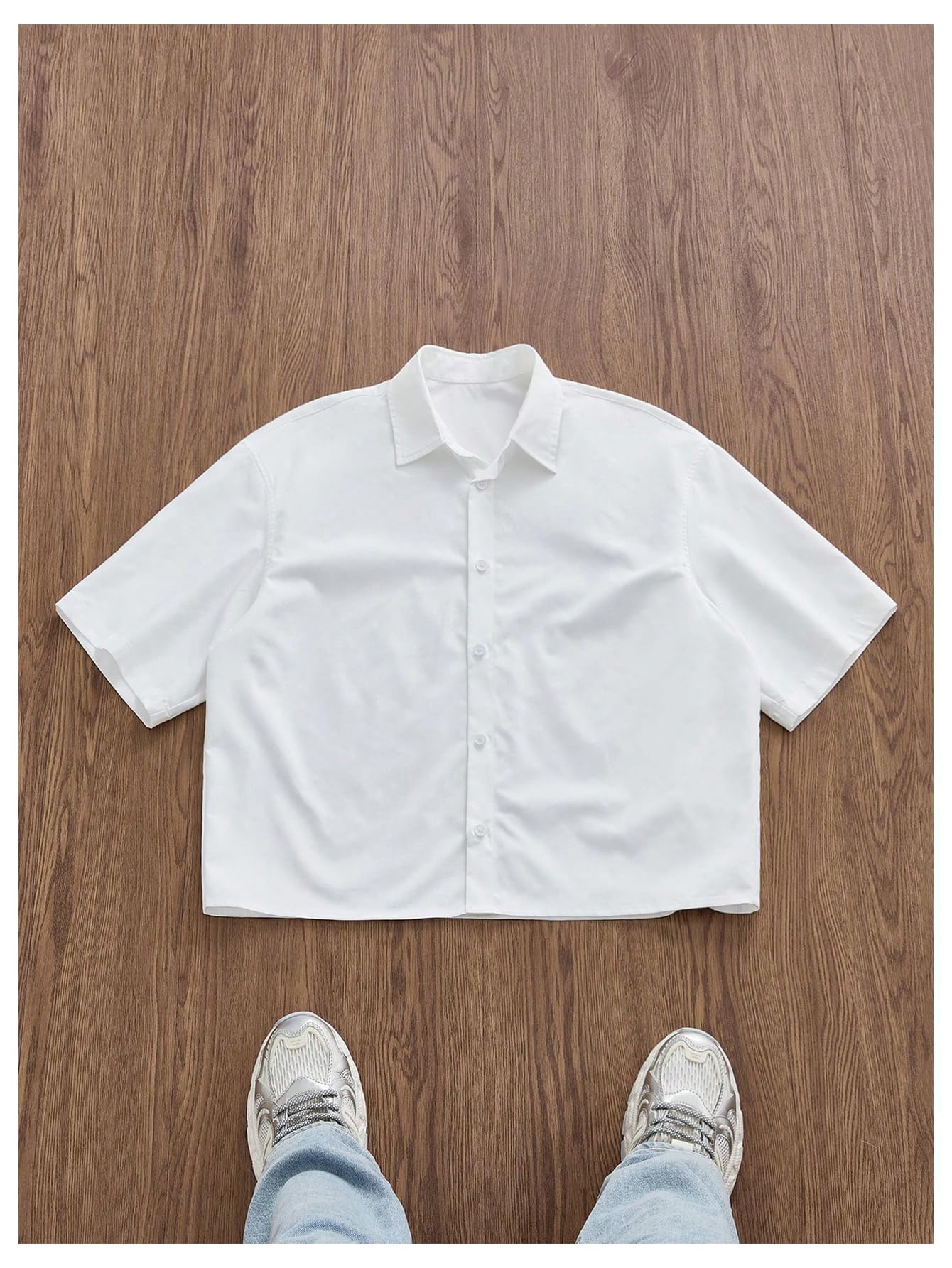 GORGLITTER Men's Letter Graphic Boxy Cropped Shirt Button Down Short Sleeve Loose Fit Streetwear Tops Y2K White Medium
