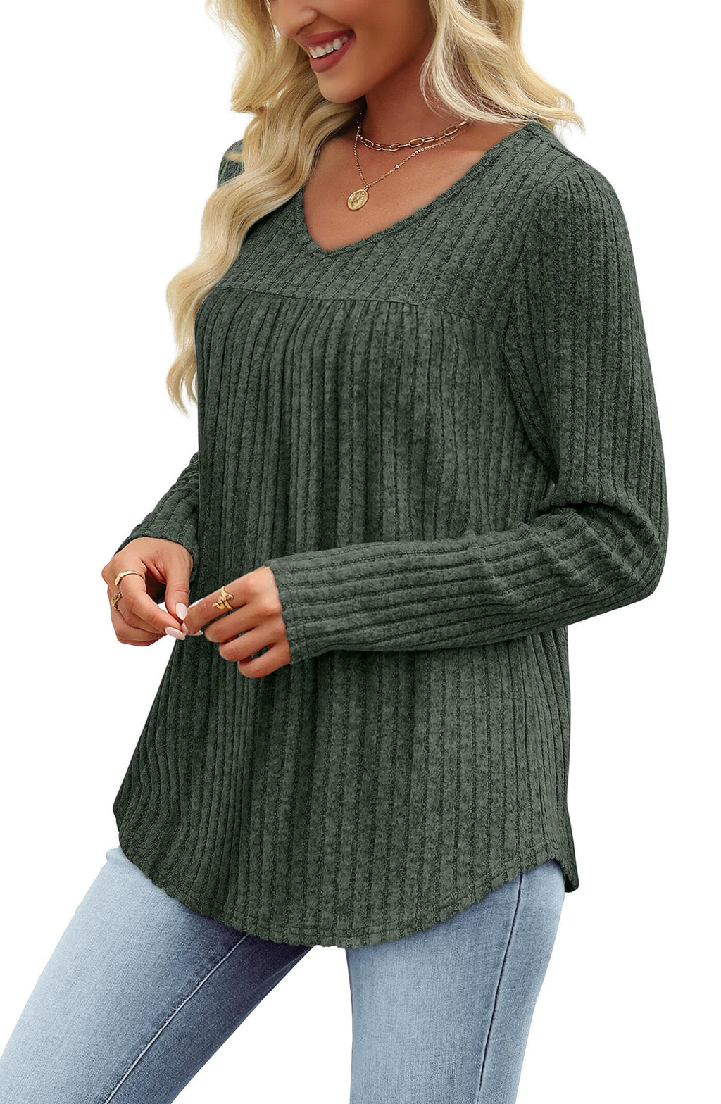 WIHOLL Fall Outfits for Women 2026 Long Sleeve Shirts for Women Dressy Casual Womens Boho Tops Trendy Sweaters Early Fall Fashion Clothing Old Money Clothes School Outfits for Teachers Green L