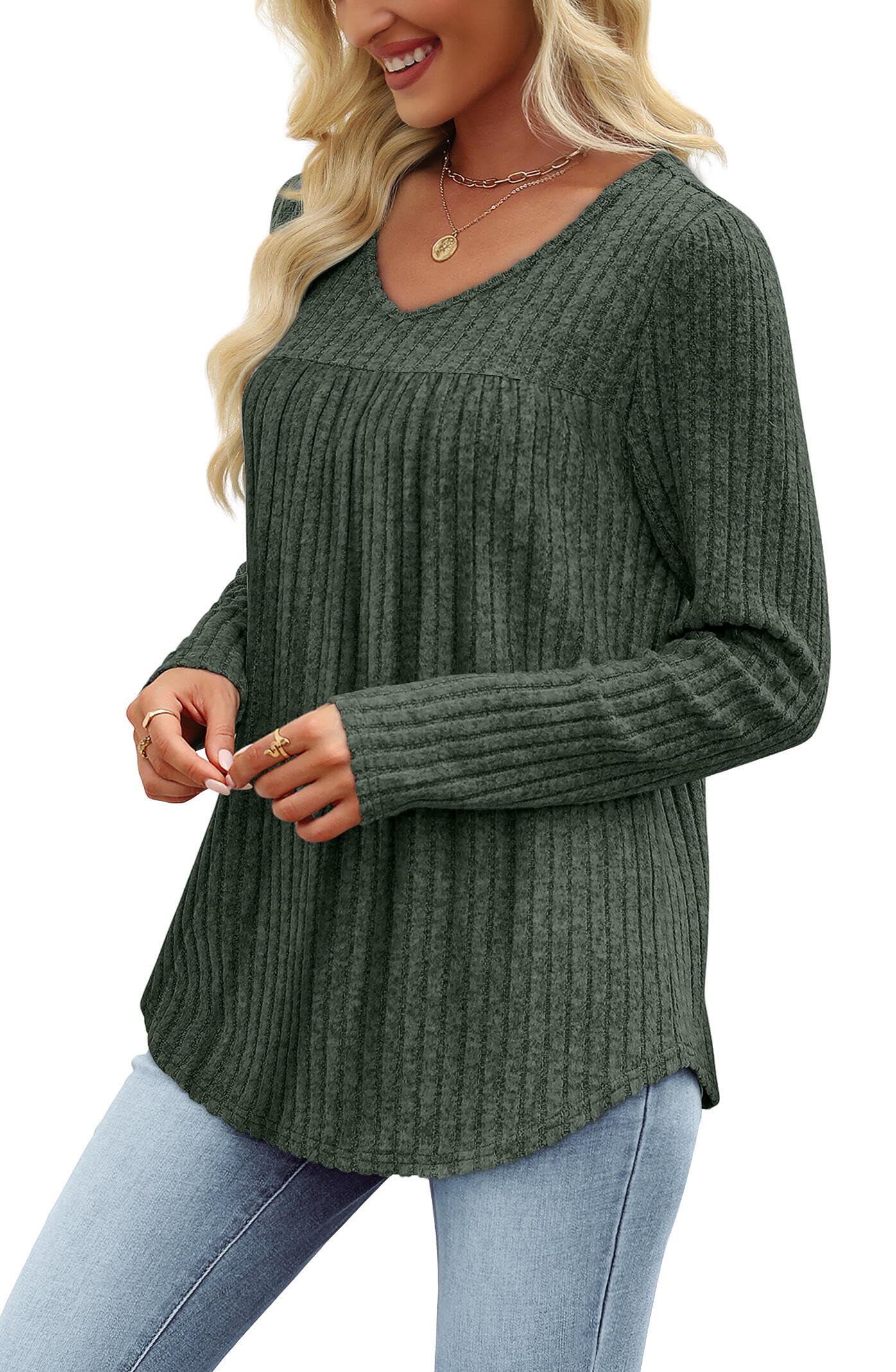 WIHOLL Fall Outfits for Women 2026 Long Sleeve Shirts for Women Dressy Casual Womens Boho Tops Trendy Sweaters Early Fall Fashion Clothing Old Money Clothes School Outfits for Teachers Green L