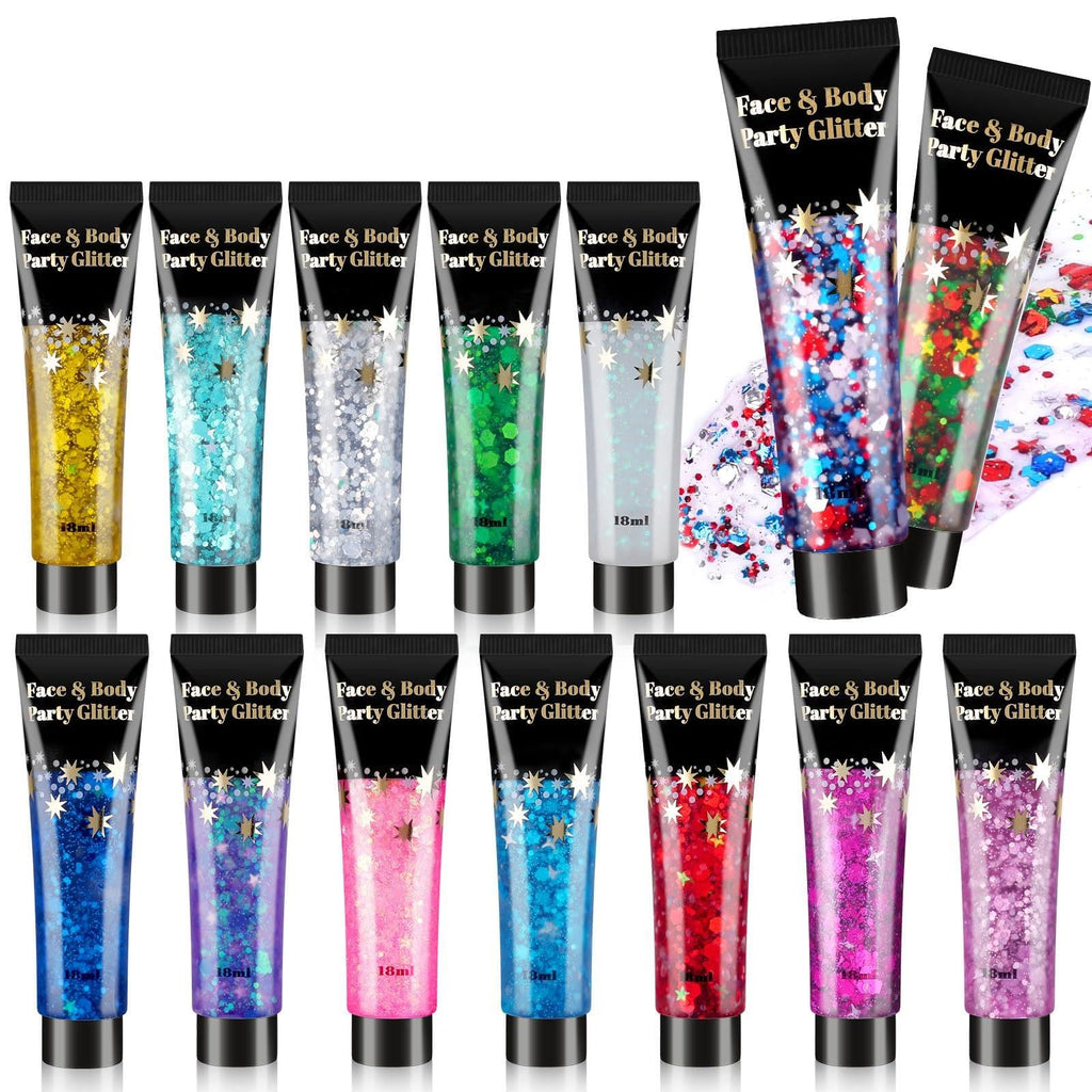AROIC 14 Colors Body Glitter, Face & Hair Glitter Gel Set for Mardi Gras, Eye Shimmer for Women Glow in the Dark Rave Accessories Party Supplies, Face Paint Hair/Cheek/Eyelid Sparkle Makeup(18ml/Tube)
