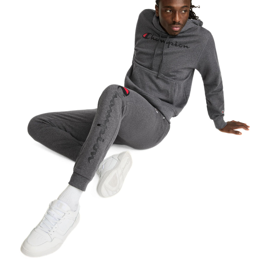 Champion Men's Pullover Graphic Fleece Hoodie, Standard Fit, Midweight Fleece, Classic Script Logo, Available in Regular and Big & Tall, Granite Heather, Large