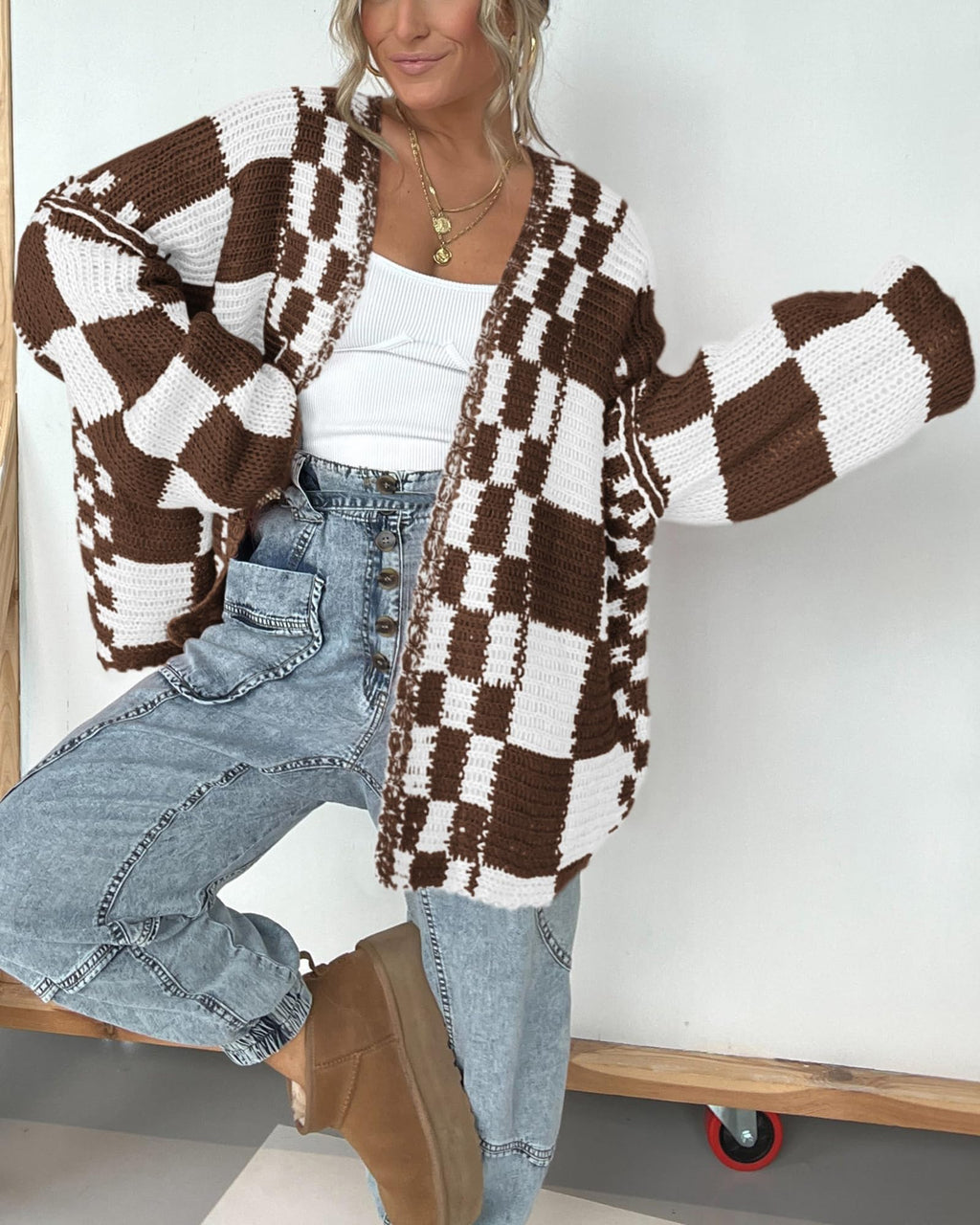BTFBM Casual Cardigan Sweater for Women Fall 2025 Long Sleeve Open Front Chunky Knit Sweaters Checkered Outwear Coat(Brown,Small)