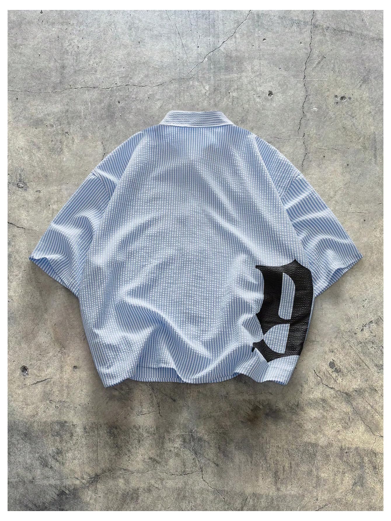 GORGLITTER Men's Cropped T Shirt Oversized Striped Button Up Letter Graphic Short Sleeve Collared Crop Tops Streetwear Black and Blue Small