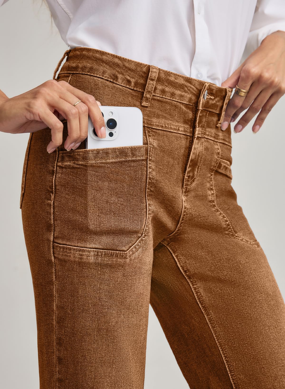 EVALESS Wide Leg Jeans for Woman Trendy High Waisted Stretchy Straight Bootcut Jeans Womens Control Tummy Casual Baggy Denim Pants with Pocket Brown Size 8