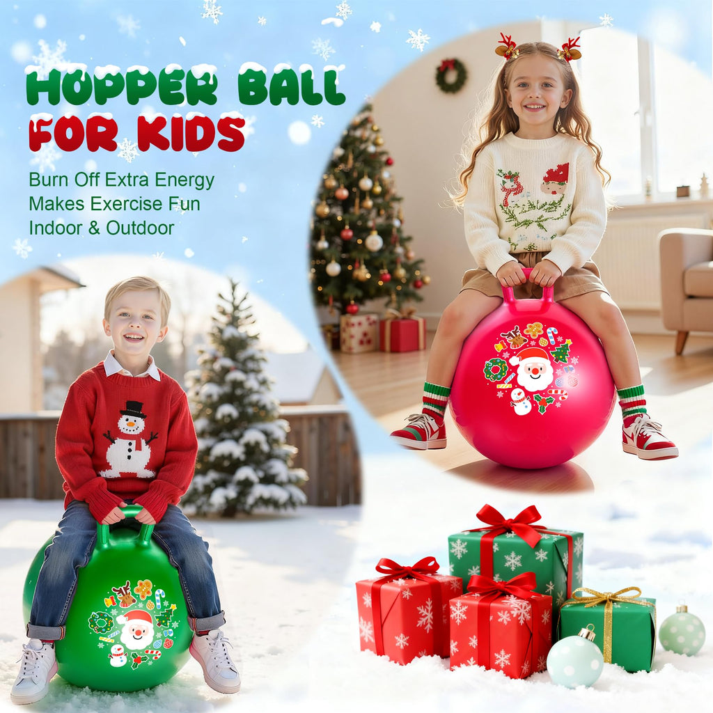 ZOOJOY Hopper Ball 2-Pack Set for Girls&Boys 3-8 with Free Hair Clips, Festive Red & Green 18in Bouncy Ball with Handle for Kids, Christmas Toys Indoor and Outdoor Play Includes Pumps
