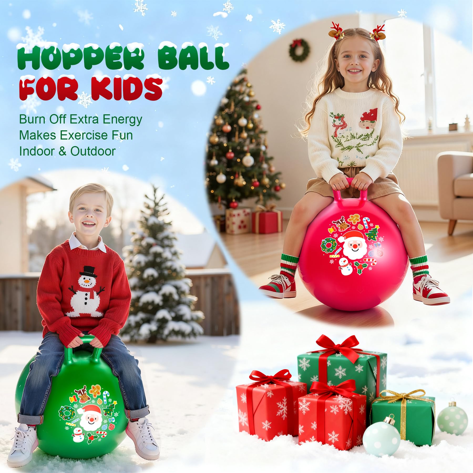ZOOJOY Hopper Ball 2-Pack Set for Girls&Boys 3-8 with Free Hair Clips, Festive Red & Green 18in Bouncy Ball with Handle for Kids, Christmas Toys Indoor and Outdoor Play Includes Pumps